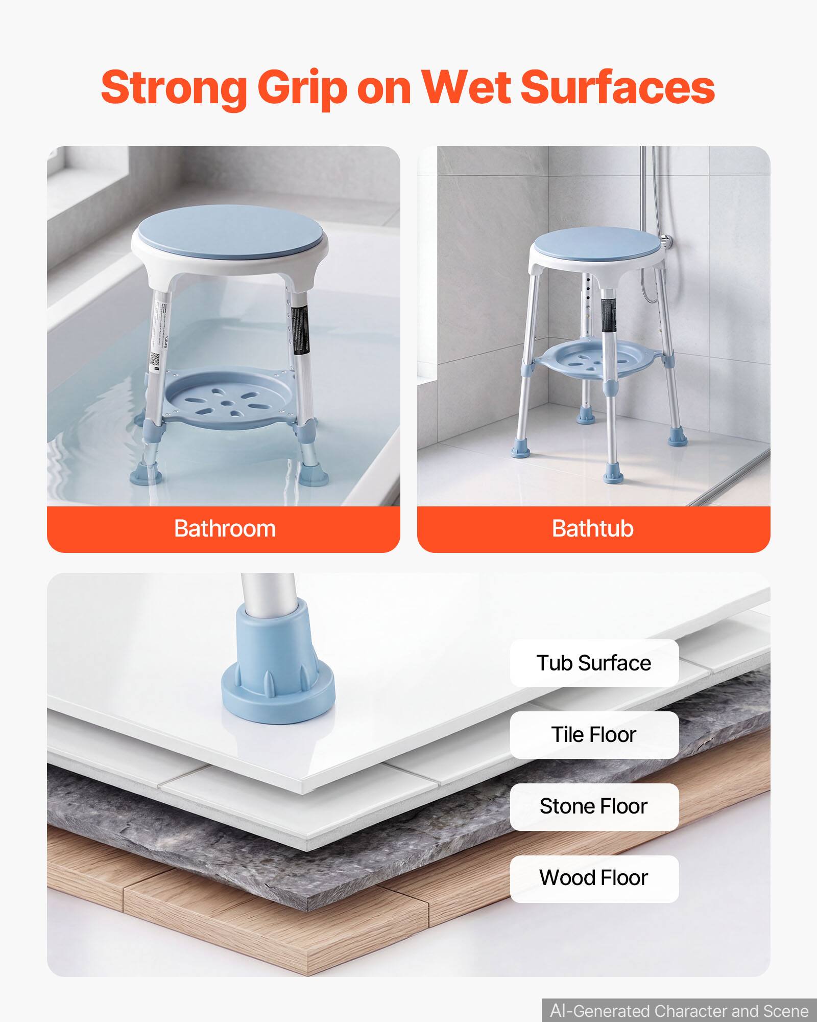 Strong Grip on Wet Surfaces  
- Bathroom  
- Bathtub  
- Tub Surface  
- Tile Floor  
- Stone Floor  
- Wood Floor  

AI-Generated Character and Scene