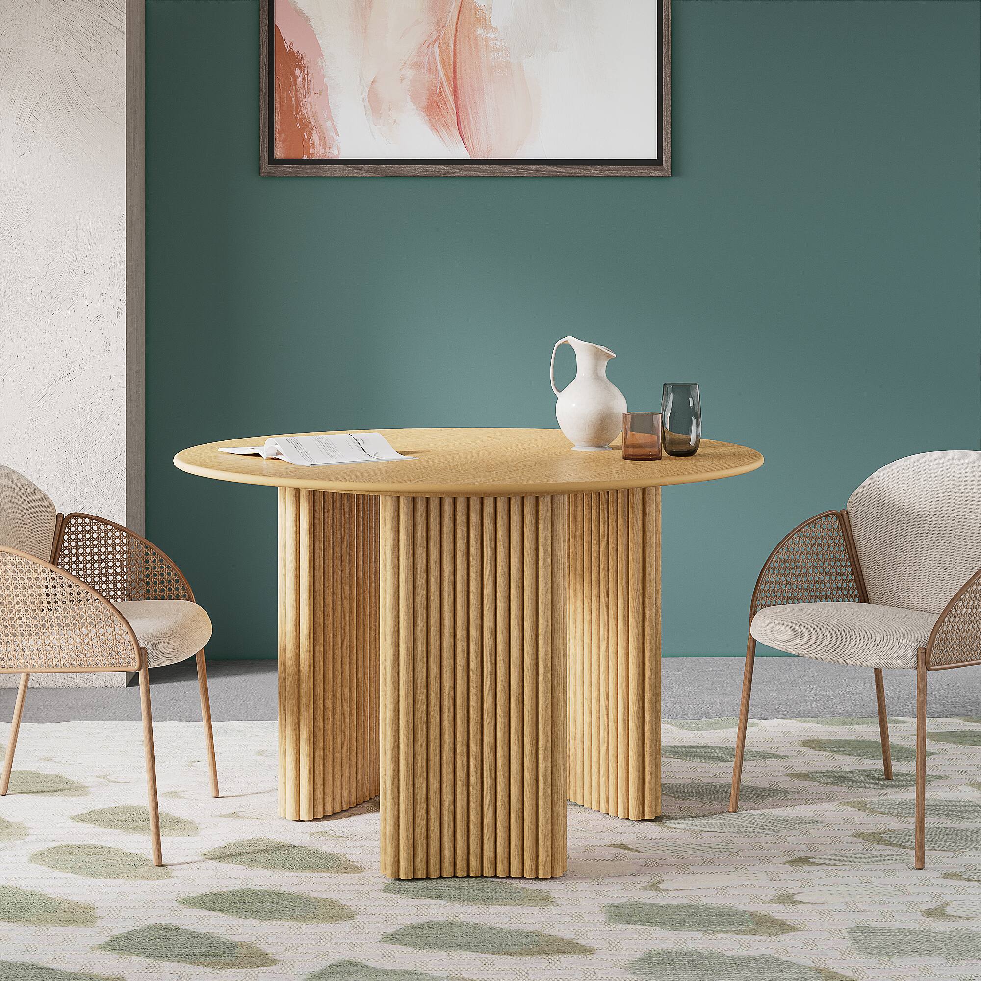 Alt View 1. PexFix - Solid Oak Farmhouse Dining Table for 4, 46" Minimalist Round Kitchen Table with 3-Leg Base - Natural.