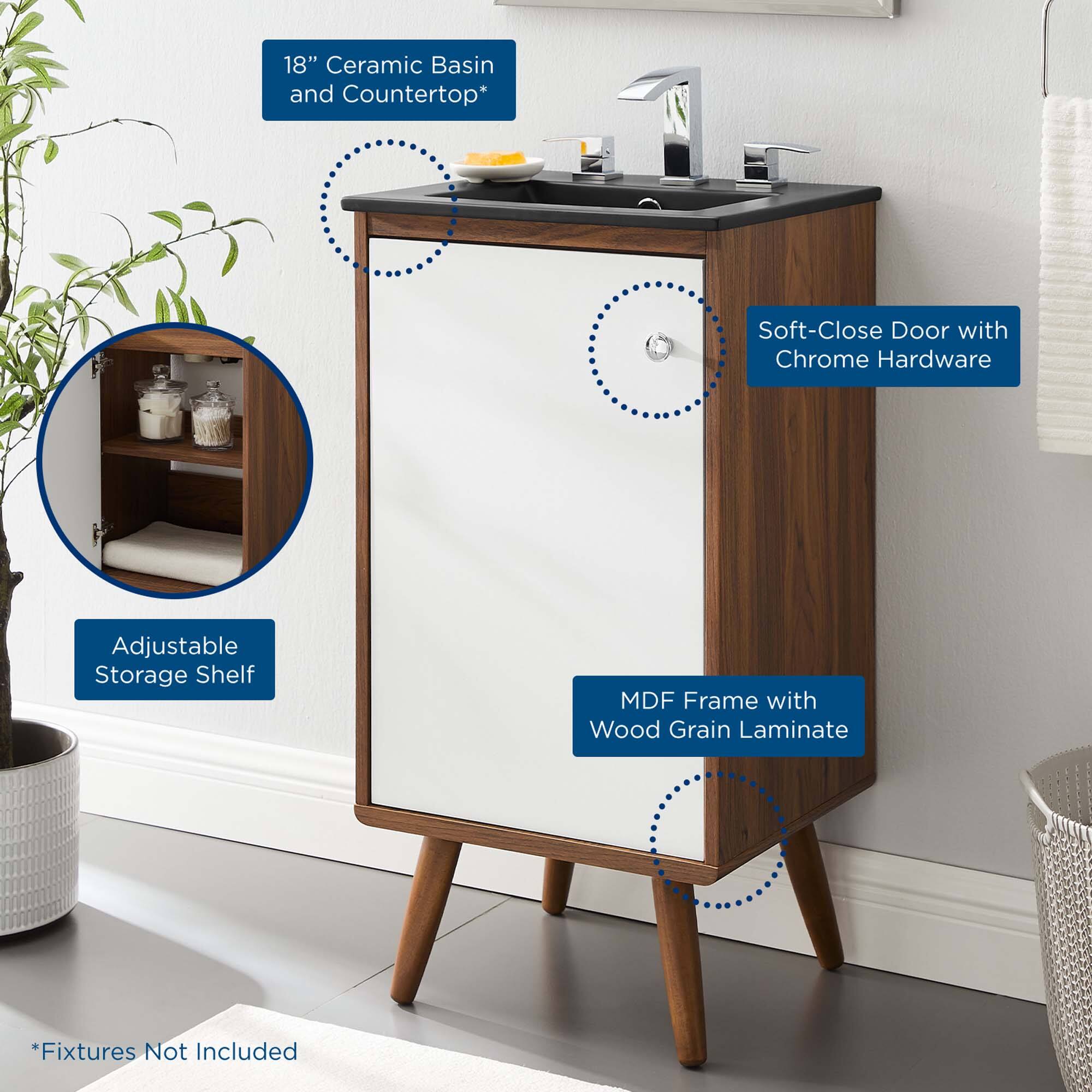 18" Ceramic Basin and Countertop*  
Soft-Close Door with Chrome Hardware  
Adjustable Storage Shelf  
MDF Frame with Wood Grain Laminate  
*Fixtures Not Included