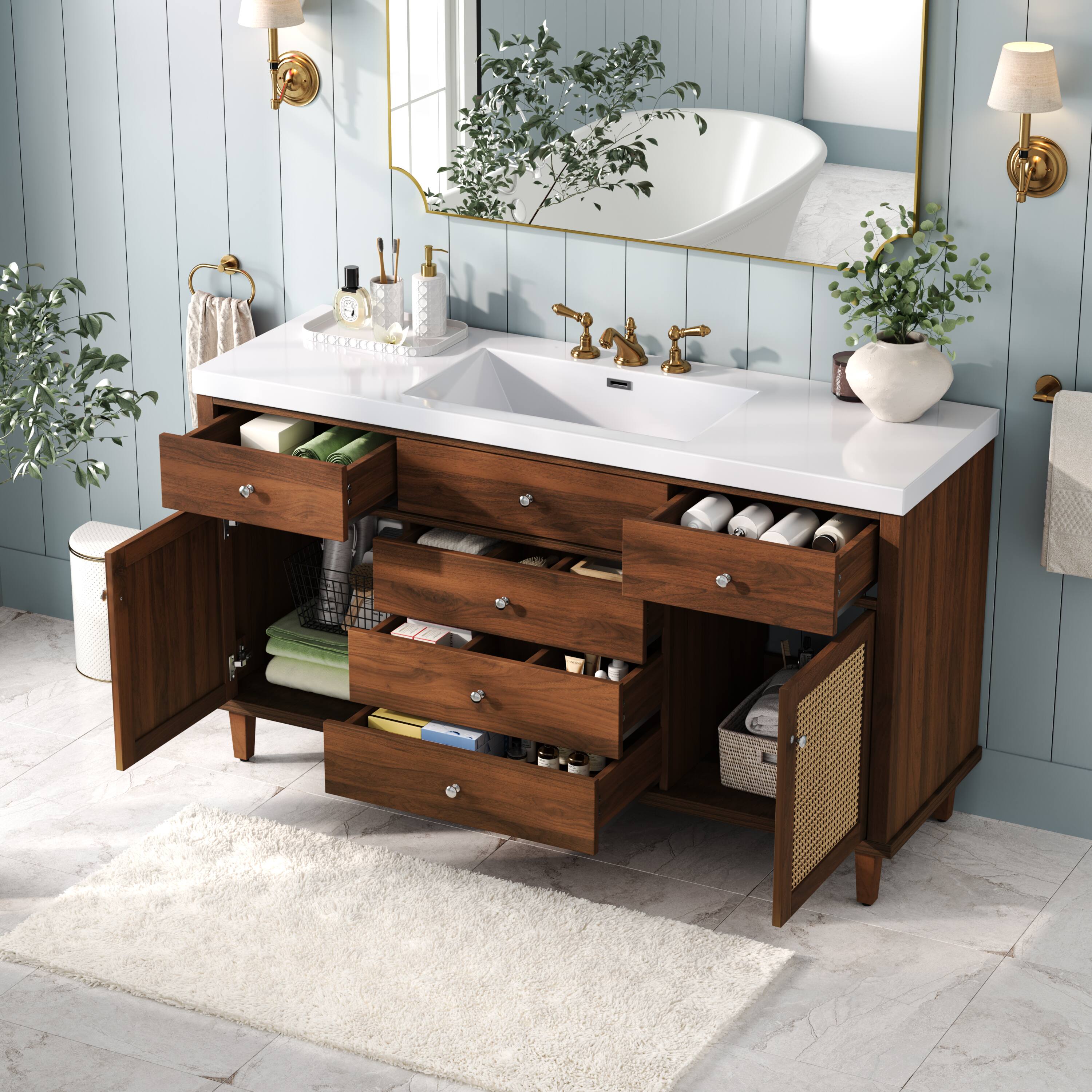 Left. Loheer - 5 ft Modern Bathroom Vanity with SMC Sink and Rattan Doors - Brown.