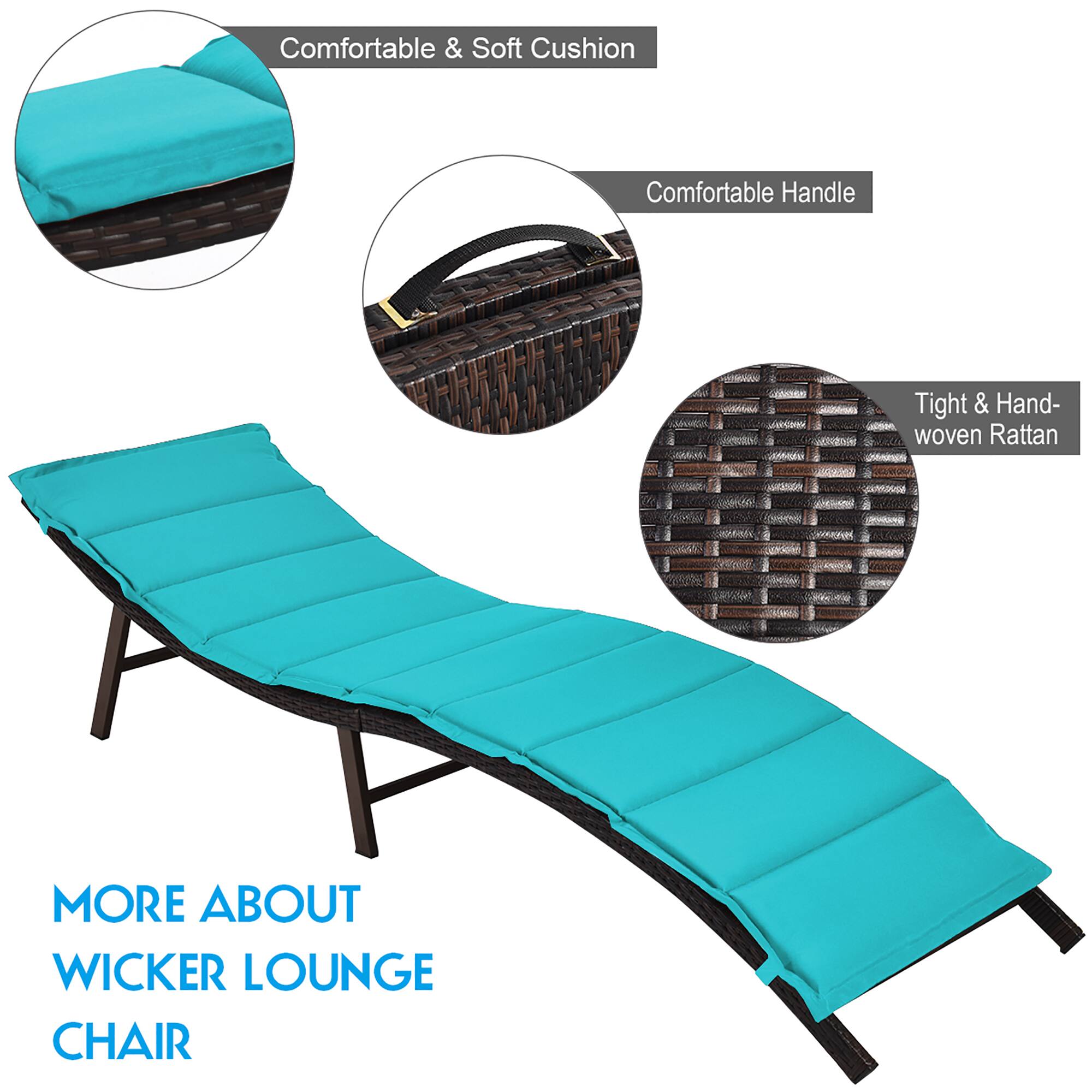 The image features a blue lounge chair with a comfortable and soft cushion. It also has a comfortable handle for easy carrying. The chair is made of tight and hand-woven rattan, which adds to its durability and aesthetic appeal. The image provides more information about the Wicker Lounge Chair, making it an attractive option for those looking for a stylish and functional outdoor seating option.
