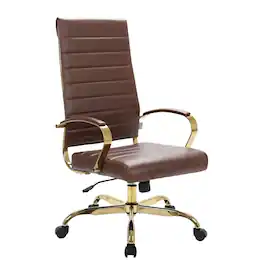 LeisureMod - Benmar High-Back Leather Office Chair with Gold Accents, Adjustable Height, Swivel and Tilt Conference Desk Chair - Brown