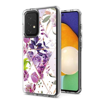 Front. Reiko - Flower Design Dual Layer Hybrid Hard Plastic & Soft TPU Case Cover for Samsung Galaxy A52 5G Purple Base - Multicolor.