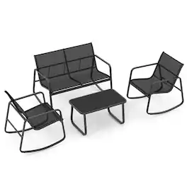 Pefilos - 4 Piece Patio Rocking Set, Deluxe Outdoor Patio with Glass-Top Table - Black