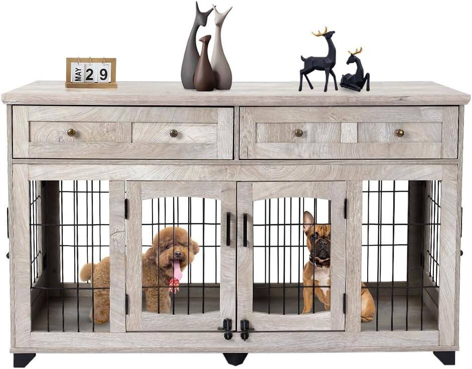 Alt View 4. Acekool - Double Dog Crate Furniture for Large and Medium Breeds, Pet Cage Table with Storage Drawers, 58" TV Stand, Grey.