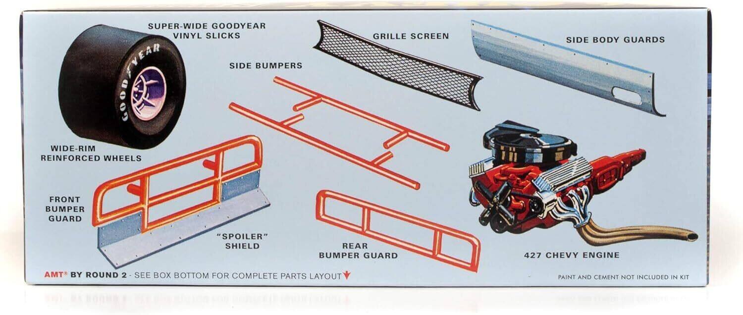 SUPER-WIDE GOODYEAR VINYL SLICKS  
SIDE BUMPERS  
WIDE-RIM REINFORCED WHEELS  
GRILLE SCREEN  
SIDE BODY GUARDS  
FRONT BUMPER GUARD  
"SPOLER" SHIELD  
REAR BUMPER GUARD  
427 CHEVY ENGINE  

AMT BY ROUND 2 - SEE BOX BOTTOM FOR COMPLETE PARTS LAYOUT  
PAINT AND CEMENT NOT INCLUDED IN KIT