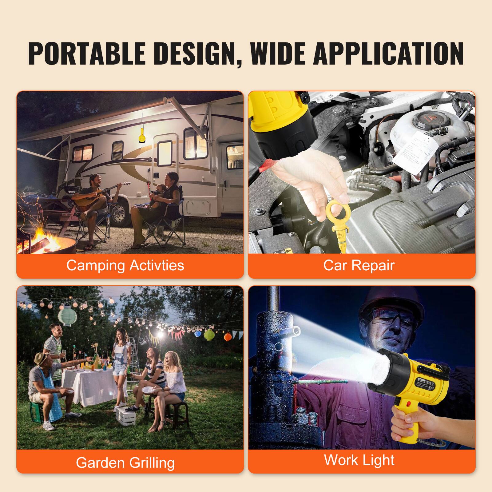 PORTABLE DESIGN, WIDE APPLICATION

- Camping Activities
- Car Repair
- Garden Grilling
- Work Light