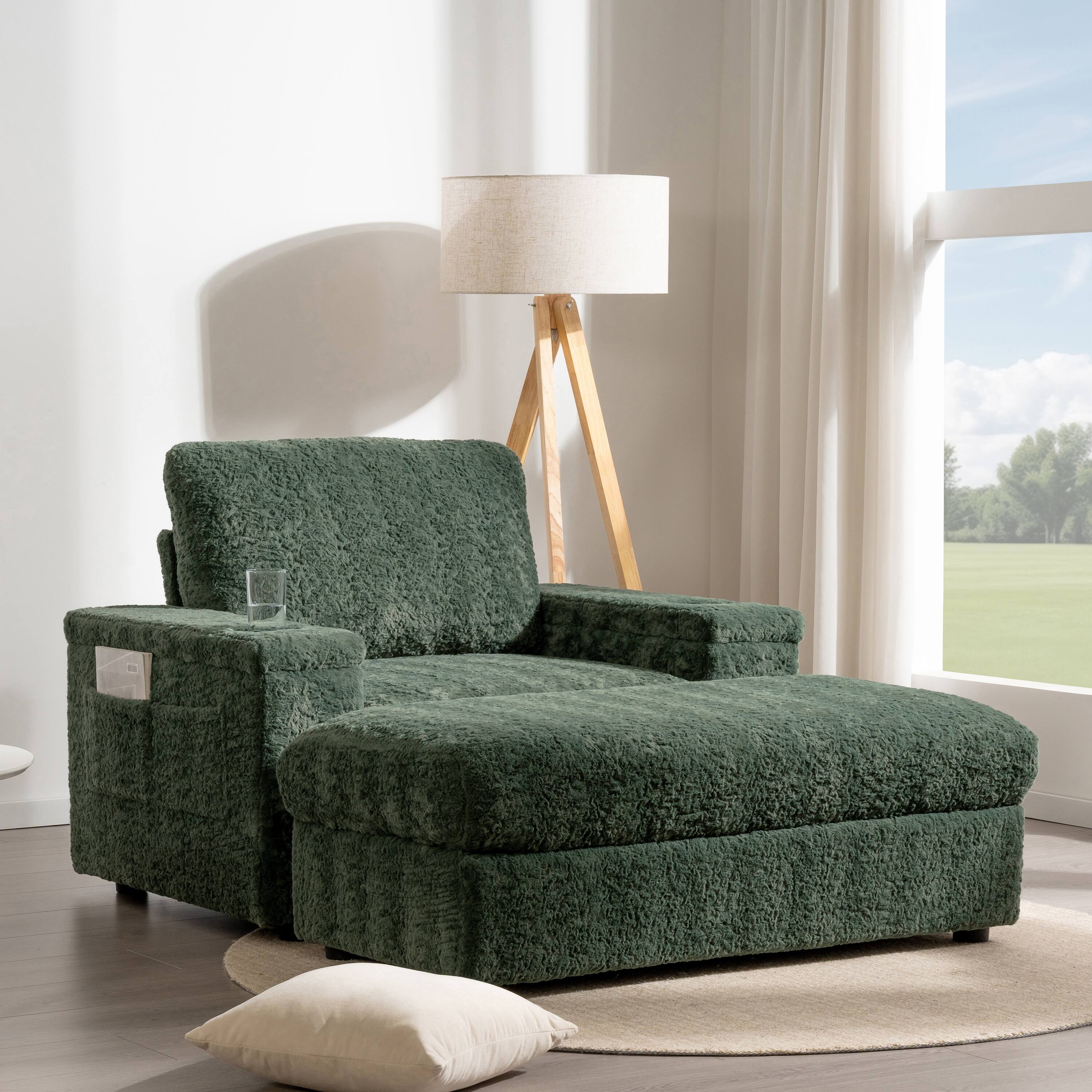 Front. Whisen - Oversized Faux Rabbit Fur Sofa with Storage Ottoman & Cup Holders for Living Room - Green.