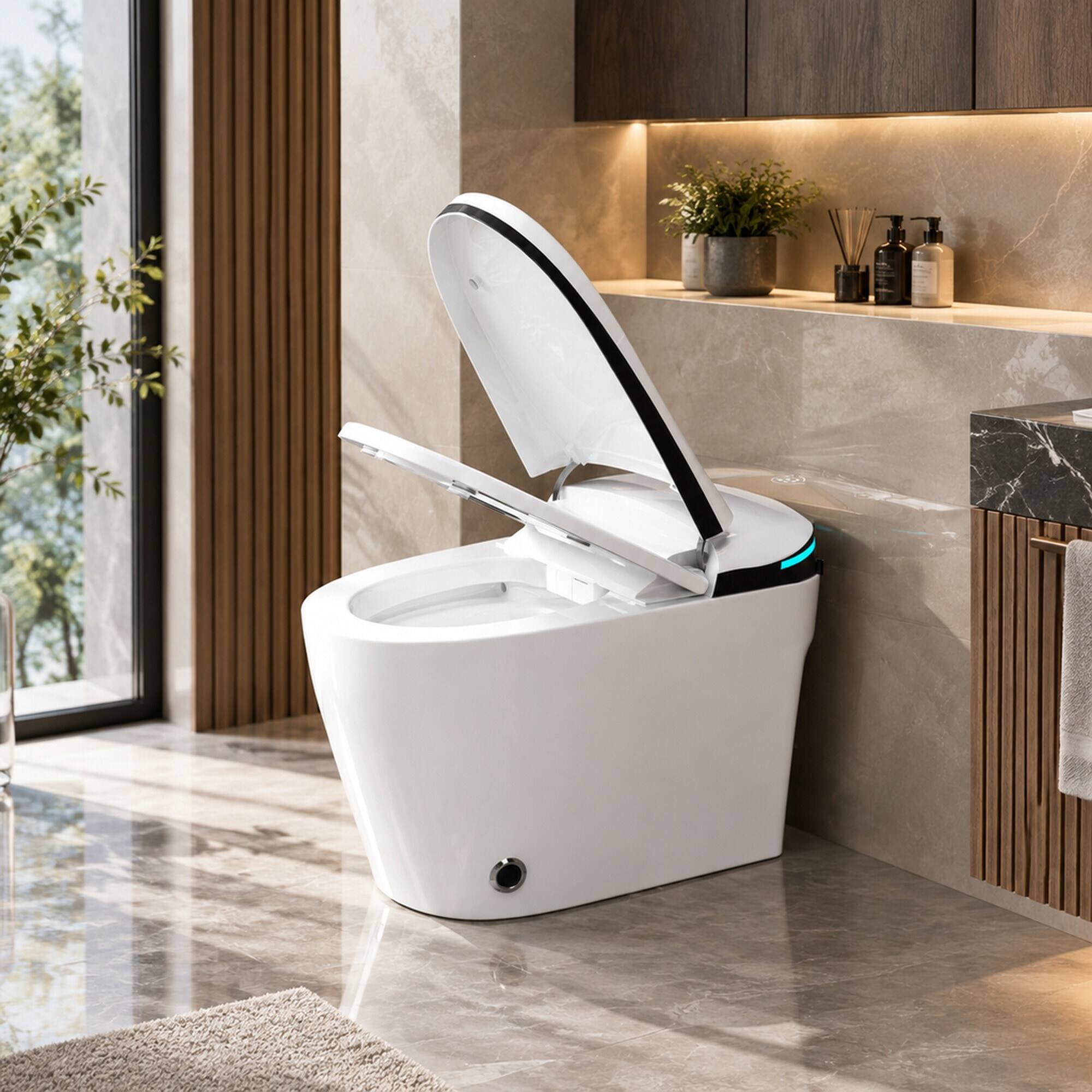 Left. RYHNUYNE - Luxury Smart Bidet Toilet With Heated Seat, Auto Open Close Foot Sensor LED Display Nightlight Warm Water Dryer In White - White.