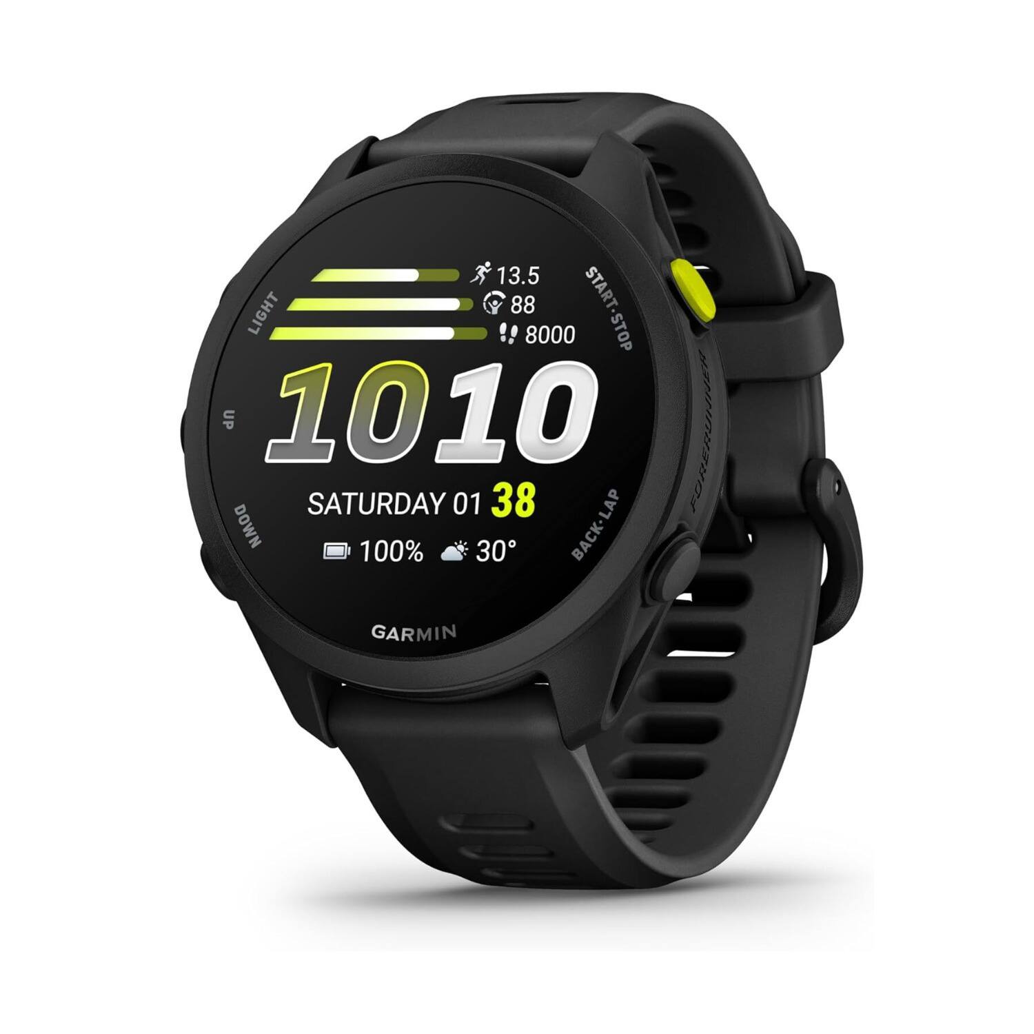13.5 LIGHT 88 START-STOP 8000 STOP UP 1010 FORERUNNER SATURDAY 01 38 DOWN 100% 30 BACK-LAP GARMIN