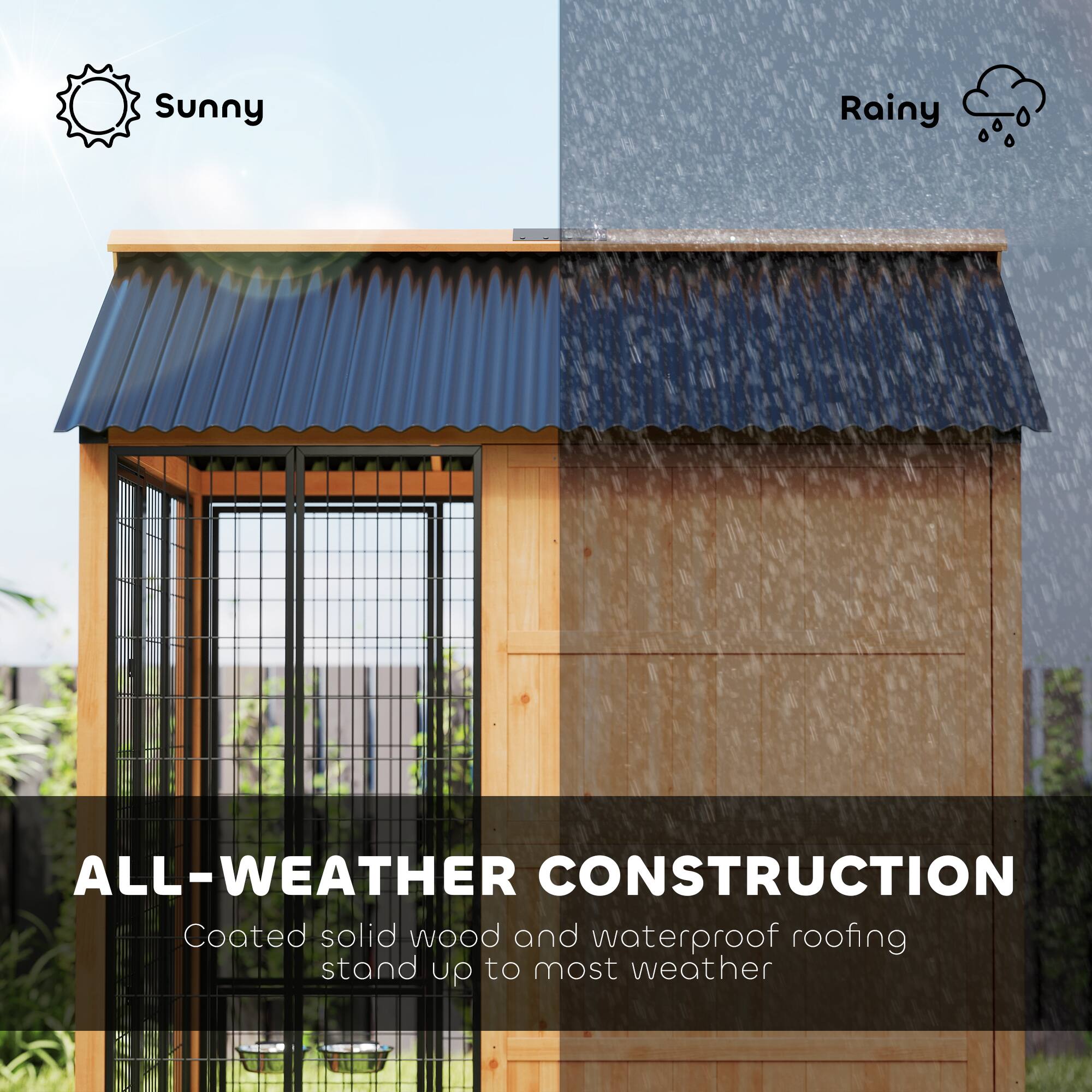 Sunny  
Rainy  

ALL-WEATHER CONSTRUCTION  
Coated solid wood and waterproof roofing stand up to most weather