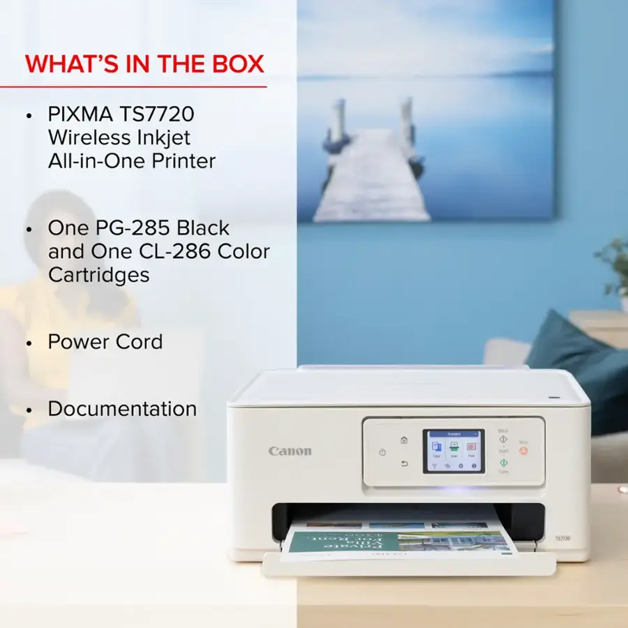 What's in the box: PIXMA TS7720 Wireless Inkjet All-in-One Printer with One PG-285 Black and One CL-286 Color Cartridges, Power Cord, and Documentation.