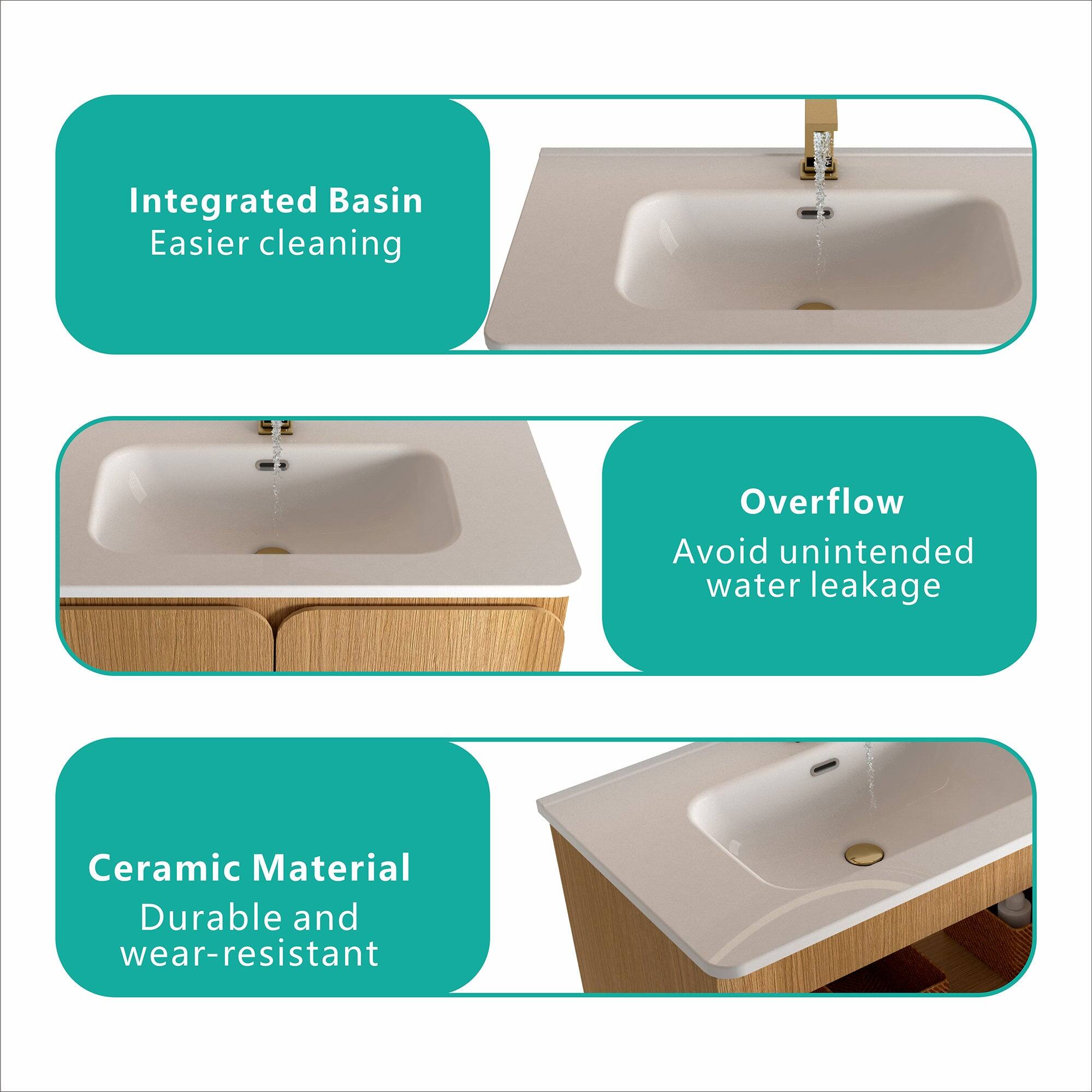 - Integrated Basin  
  Easier cleaning

- Overflow  
  Avoid unintended water leakage

- Ceramic Material  
  Durable and wear-resistant