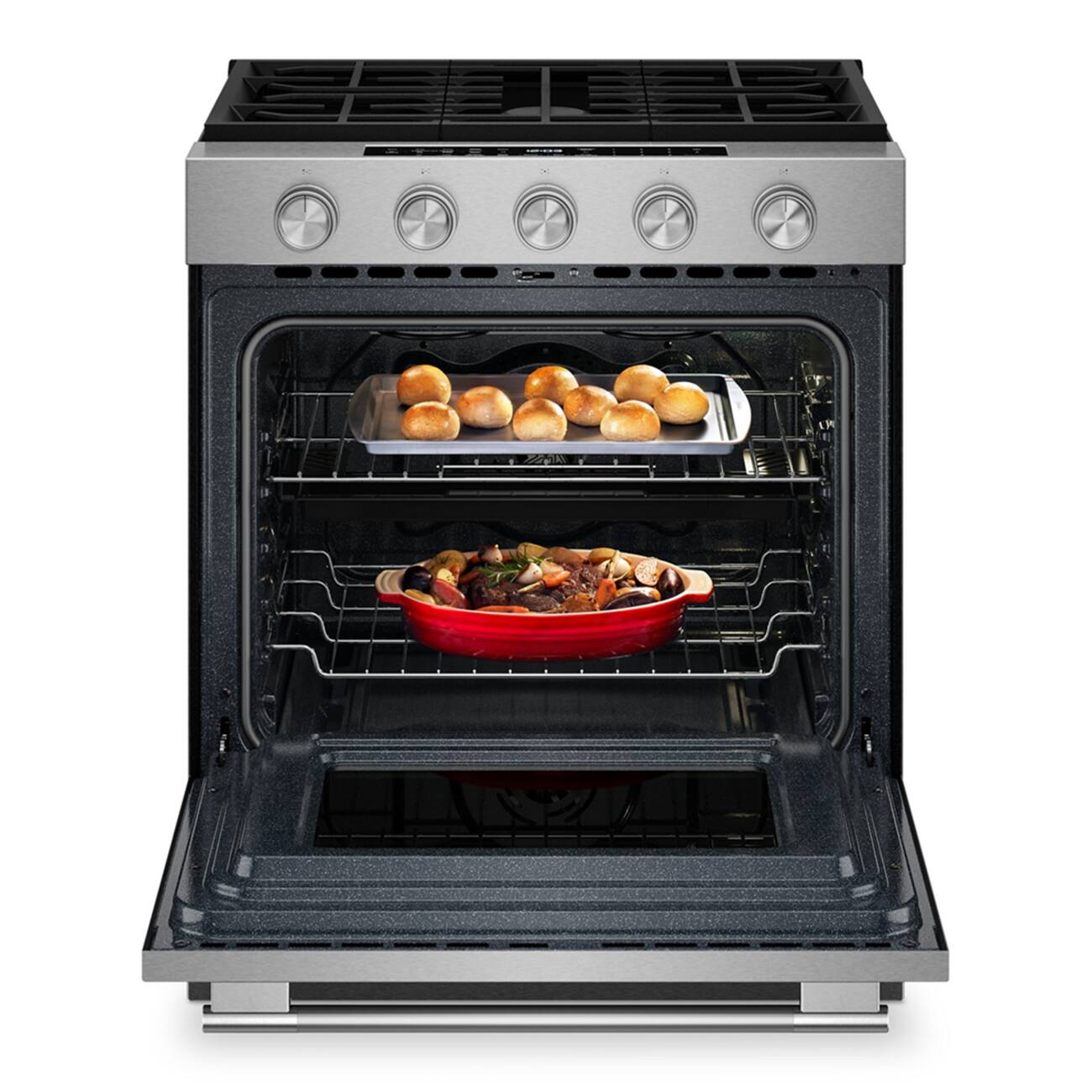 Angle. KitchenAid - 30 in. Wide 5 burners 5.0 cu. ft. Smart Slide-in Gas Range with Convection Cooking Modes and 2-in-1 Burner - PrintShield Stainless Finish.