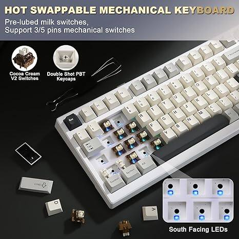 HOT SWAPPABLE MECHANICAL KEYBOARD

- Pre-lubed milk switches
- Support 3/5 pins mechanical switches
- Cocoa Cream Double Shot PBT V2 Switches
- Oycaps
- 5 * 4 layout
- South Facing LEDs

Key layout:
Q W E R T Y U I O P
A S D F G H J K L
Z X C V B N M