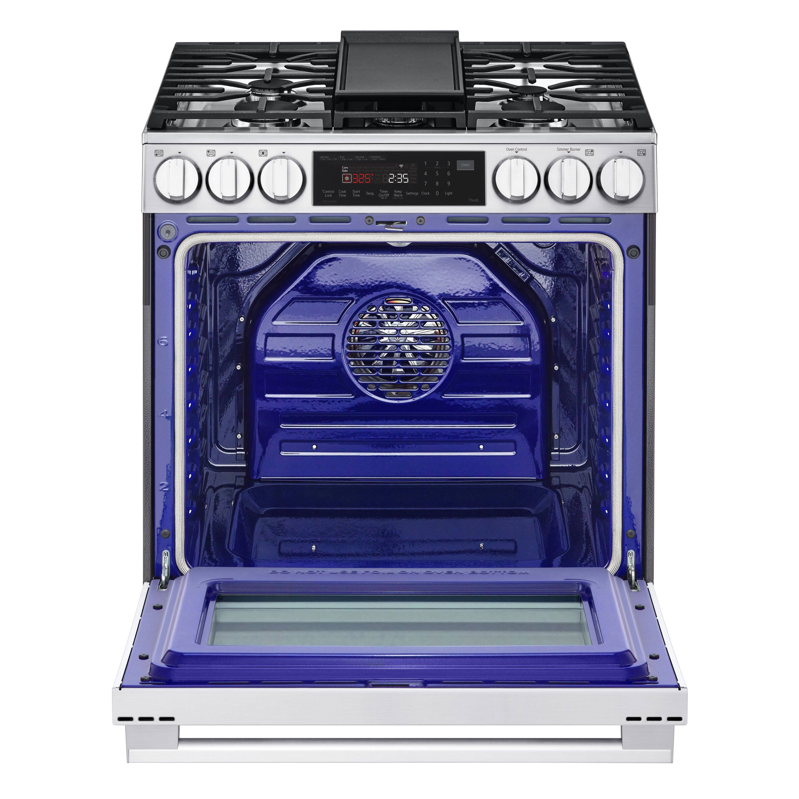 The image shows a blue oven with the time 3:25 displayed on the screen.