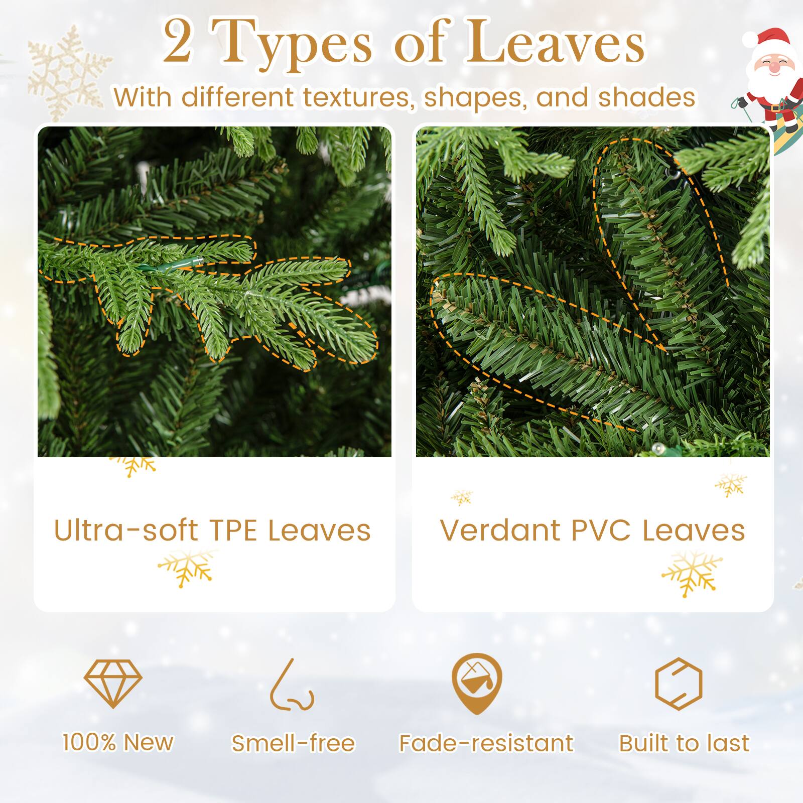 2 Types of Leaves  
With different textures, shapes, and shades  

Ultra-soft TPE Leaves  
Verdant PVC Leaves  

100% New  
Smell-free  
Fade-resistant  
Built to last