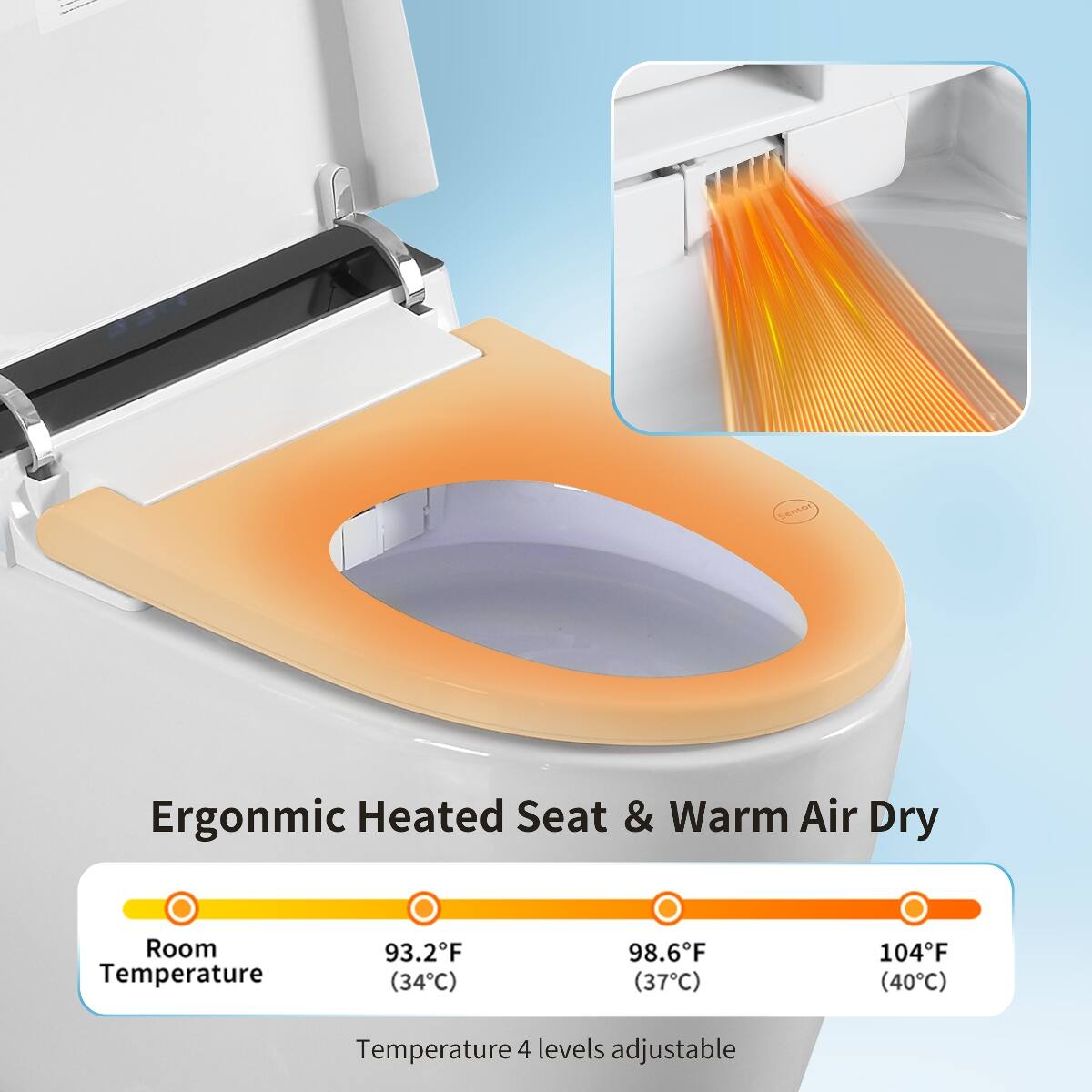 Sensor  
Ergonomic Heated Seat & Warm Air Dry  
Room Temperature  
93.2°F (34°C)  
98.6°F (37°C)  
104°F (40°C)  
Temperature 4 levels adjustable