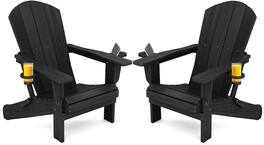 SERWALL - Adirondack Chairs Set of 2 with Cup Holders,Composite Adirondack Chairs,HDPE Outdoor Chairs - Black