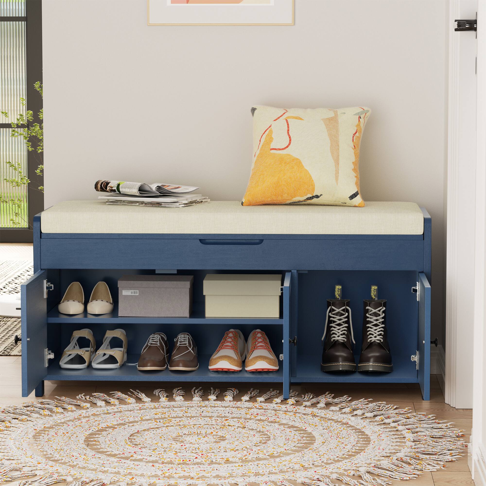 Angle. LOVMOR - 43.5-in W x 20-in H x 16-in D Navy Storage Bench for Entryway with Cushion and Hidden Storage - Navy.