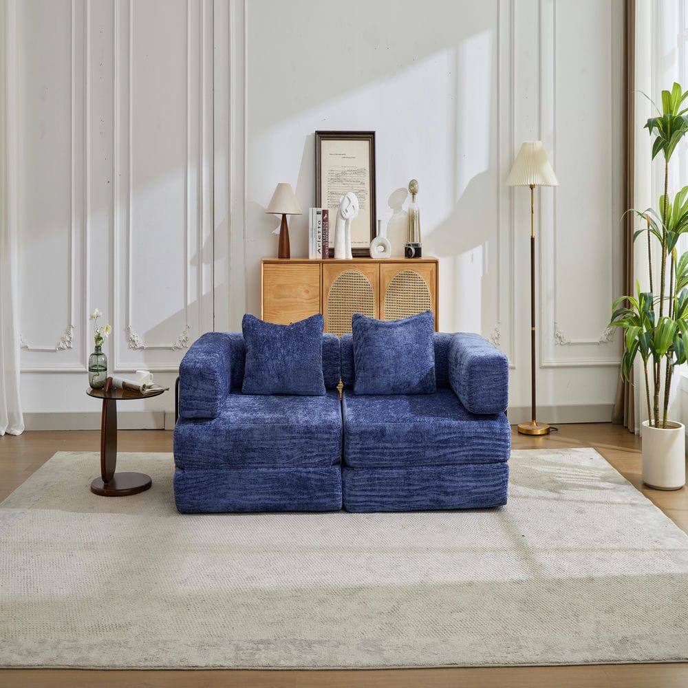 Back. Kadyn - Convertible Compression Sofa, Fixed-Frame Floor Bed with Boneless Chenille Sectional, Dark Blue - Blue.