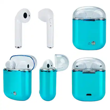 Front. SKRAN - Clear Top Dual Chamber Wireless Bluetooth Earphones With Charging Box, Bluetooth Connectivity, Portable Charging Case - Blue.