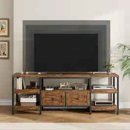 Qeetex - 71" TV Stand for 75 Inch TVs, Industrial Entertainment Center with 2 Drawers, Open Shelves & Metal Frame - Brown