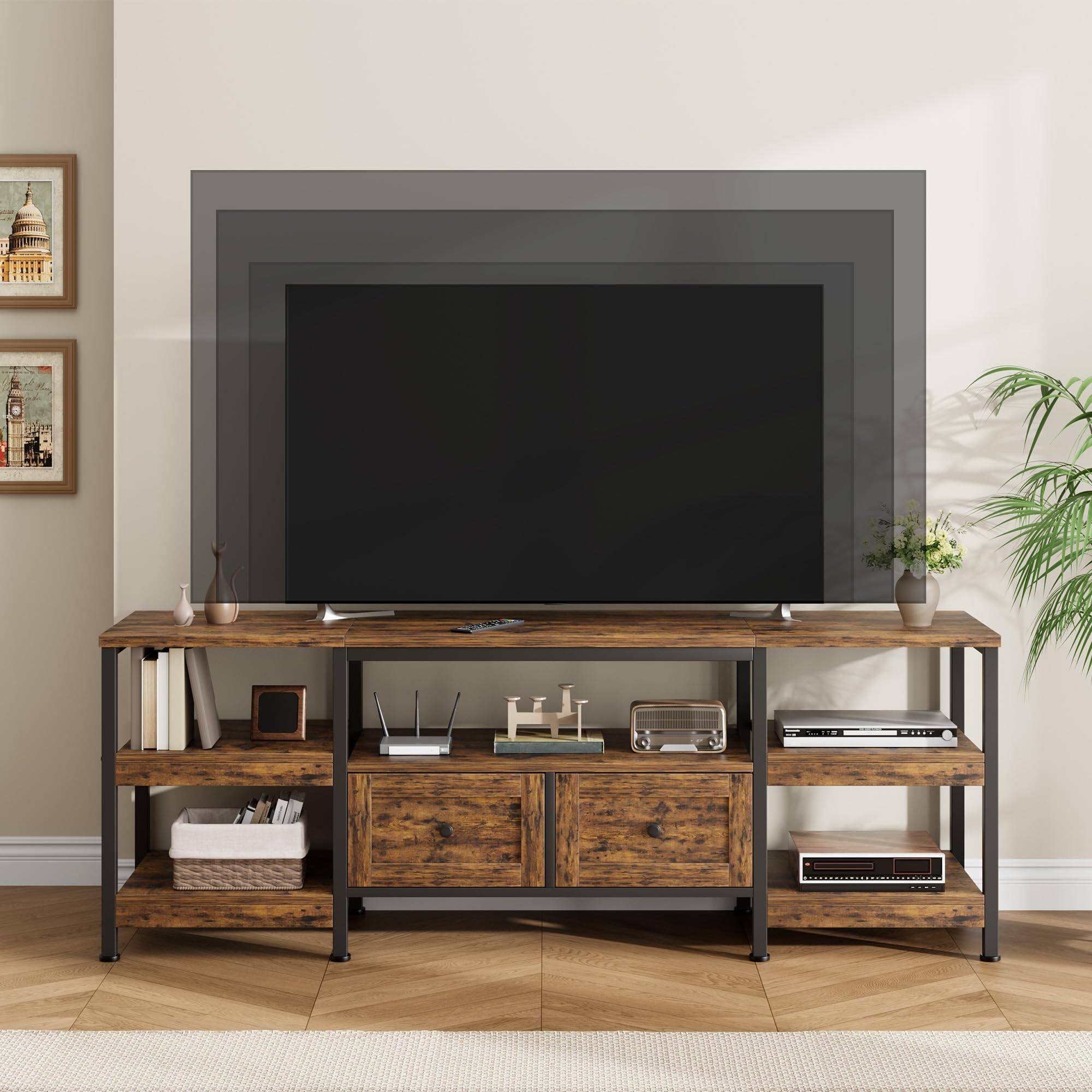 Front. Jojoka - 71" TV Stand for 75 Inch TVs, Industrial Entertainment Center with 2 Drawers, Open Shelves & Metal Frame - Brown.