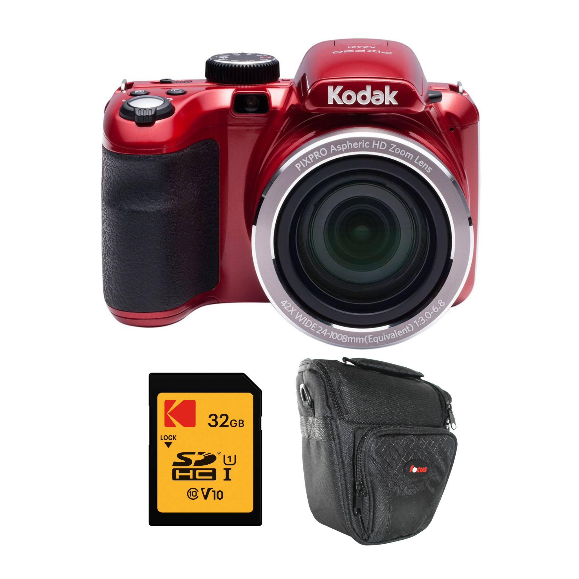 The image features a red Kodak camera with a black strap and a black case. The camera is accompanied by a 32GB SD card and a pouch. The camera is designed for high-definition photography, with a 42x zoom lens that offers a wide 24-1008mm equivalent focal length. The camera is equipped with a Kodak Aspheric HD PIXPRO lens, which provides excellent image quality and sharpness. The pouch and SD card are essential accessories for protecting the camera and storing additional memory.