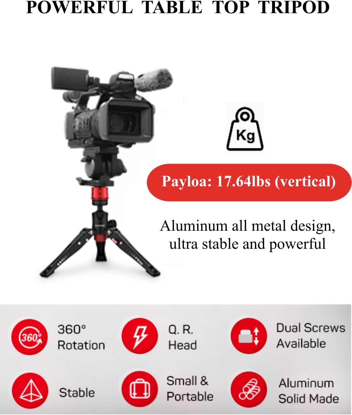 POWERFUL TABLE TOP TRIPOD

Payload: 17.64lbs (vertical)

Aluminum all metal design, ultra stable and powerful

- 360° Rotation
- Q.R. Head
- Dual Screws Available
- Stable
- Small & Portable
- Aluminum Solid Made