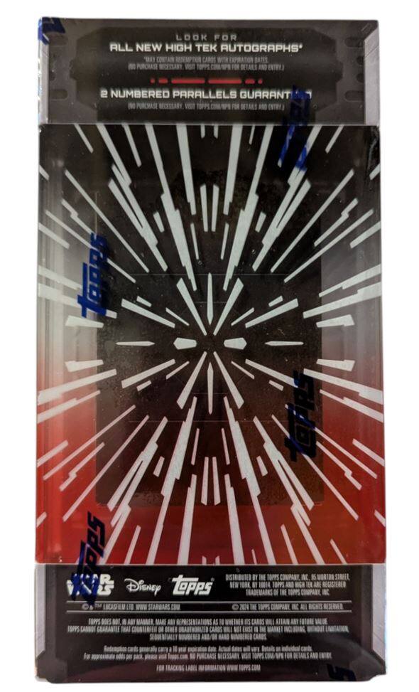 Sure, here is the corrected text from the image:

---

**FOR**

**LOOK FOR ALL NEW HIGH TECH AUTOGRAPHS**  
*May contain redemption cards with expiration dates. No purchase necessary. Visit Topps.com for details and entry.*

**2 NUMBERED PARALLELS GUARANTEED**  
*No purchase necessary. Visit Topps.com for details and entry.*

---

**TOPPS**

---

**DISTRIBUTED BY THE TOPPS COMPANY, INC., 500 MORTON STREET, NEW YORK, NY 10014.**  
**© 2024 THE TOPPS COMPANY, INC. ALL RIGHTS RESERVED.**

**© & ™ LUCASFILM LTD. WWW.STARWARS.COM**

**TOPPS DOES NOT, IN ANY MANNER, MAKE ANY REPRESENTATIONS AS TO THE VALUE OF ANY CARDS OR ANY FUTURE VALUE. TOPPS CANNOT GUARANTEE THAT COUNTERFEIT CARDS WILL NOT BE FOUND IN THE MARKET.**

**Redemption cards generally carry a 1-year expiration date. For approximate odds per pack, please visit Topps.com.**

**FOR TRACKING LABEL INFORMATION, PLEASE VISIT TOPPS.COM.**

**© 202