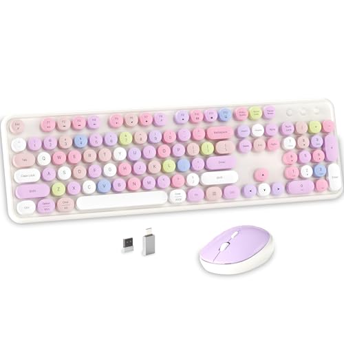 Earthley Blooms - Colorful Wireless Computer And Mouse Combo With Round Typewriter Keycaps Retro Design Power 2.4ghz For - White-Colorful