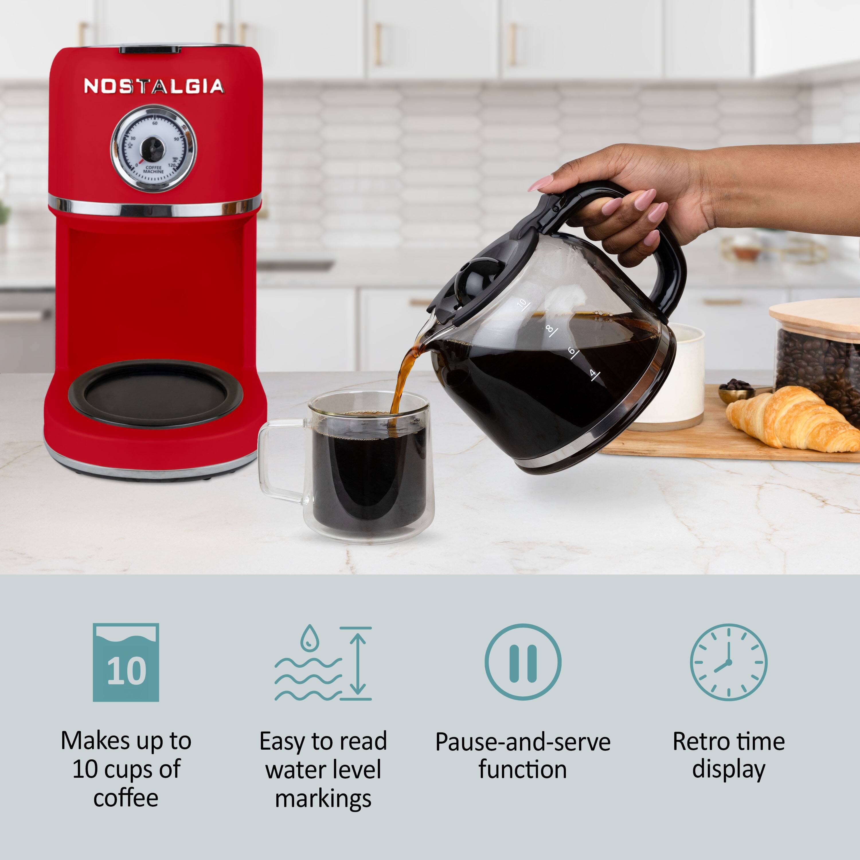 NOSTALGIA

- Makes up to 10 cups of coffee
- Easy to read water level markings
- Pause-and-serve function
- Retro time display