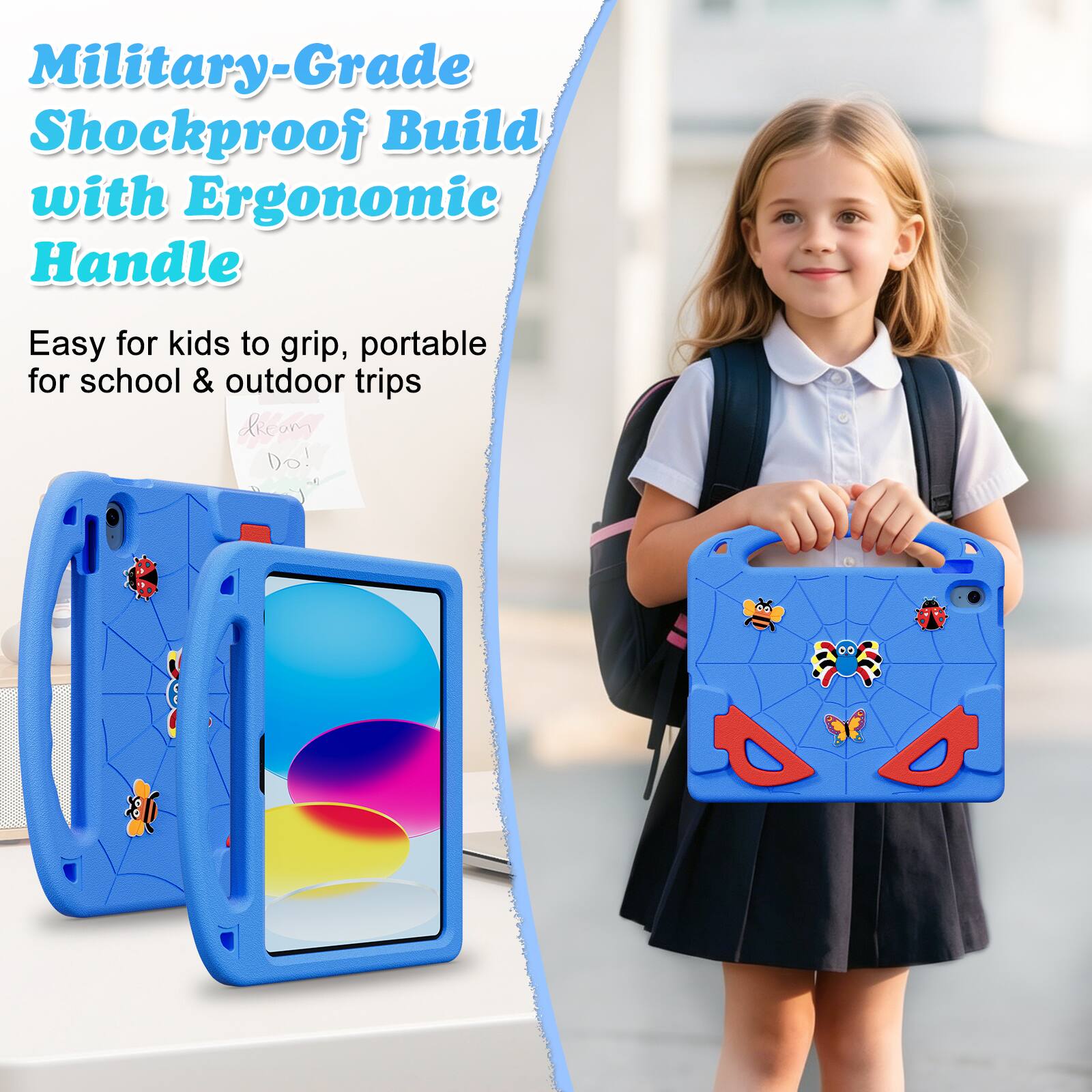 Military-Grade Shockproof Build with Ergonomic Handle  
Easy for kids to grip, portable for school & outdoor trips