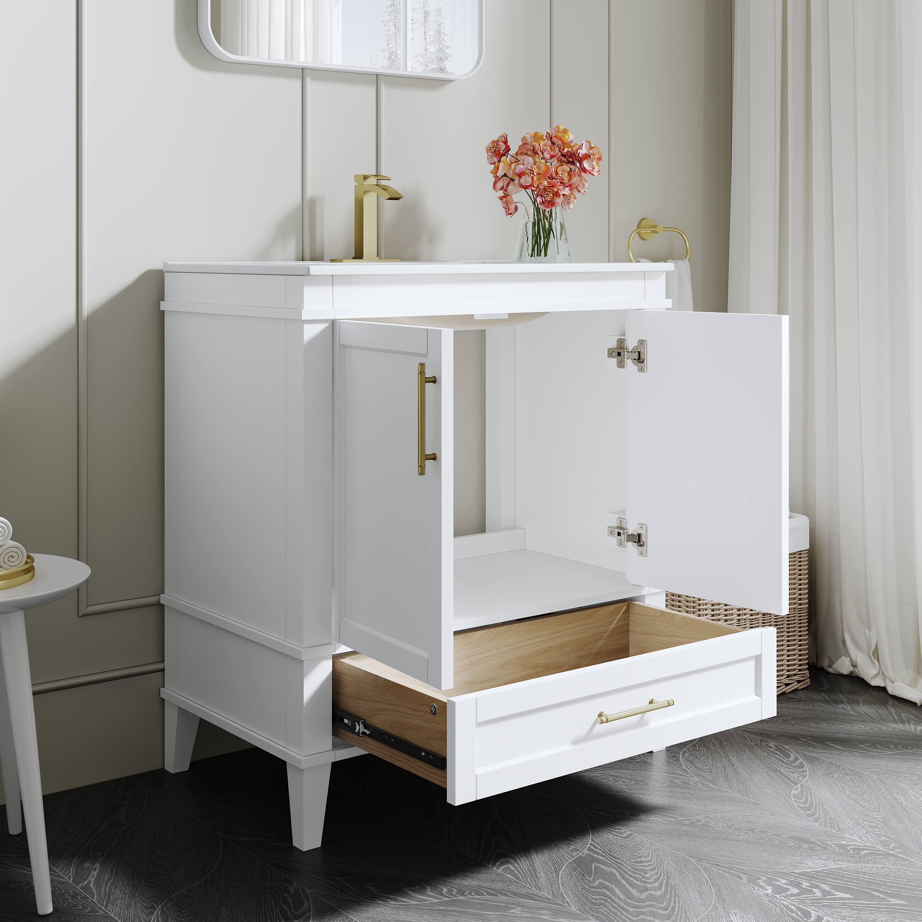 Left. WELLFOR - FENE 30 in. Solid Wood Bath Vanity with Countertop Basin, Single Sink - White.