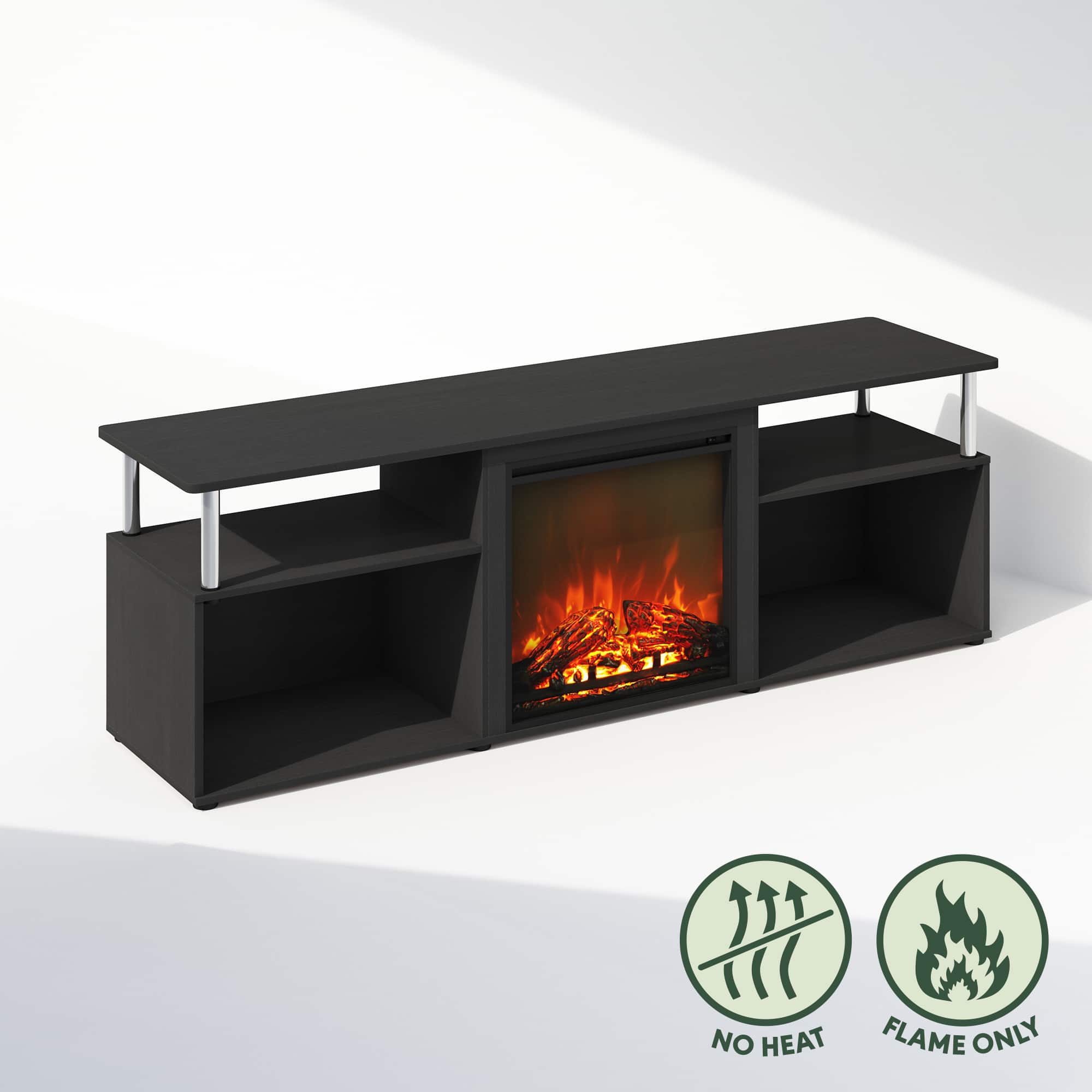 Furinno - Jensen Open Storage No Heat Decorative Electric Fireplace TV Stand, for TV up to 70 Inch with Stainless Steel Tubes - Americano/Stainless Steel