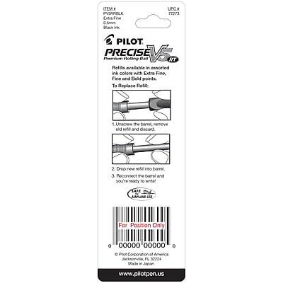 **Item No:** P7273  
**UPC:** 77273  
**Description:** Pilot Precise V Premium Rolling Ball Pen, Extra Fine, Black Ink  

**Refills Available:** Assorted ink colors with Extra Fine, Fine, and Bold points.  

**To Replace Refill:**  
1. Unscrew the barrel, remove the old refill, and discard.  
2. Drop the new refill into the barrel.  
3. Reconnect the barrel and you're ready to write!  

**Safe Airplane Use**  
For Position Only  

**Pilot Corporation of America**  
Jacksonville, FL 32224  
www.pilotpen.us
