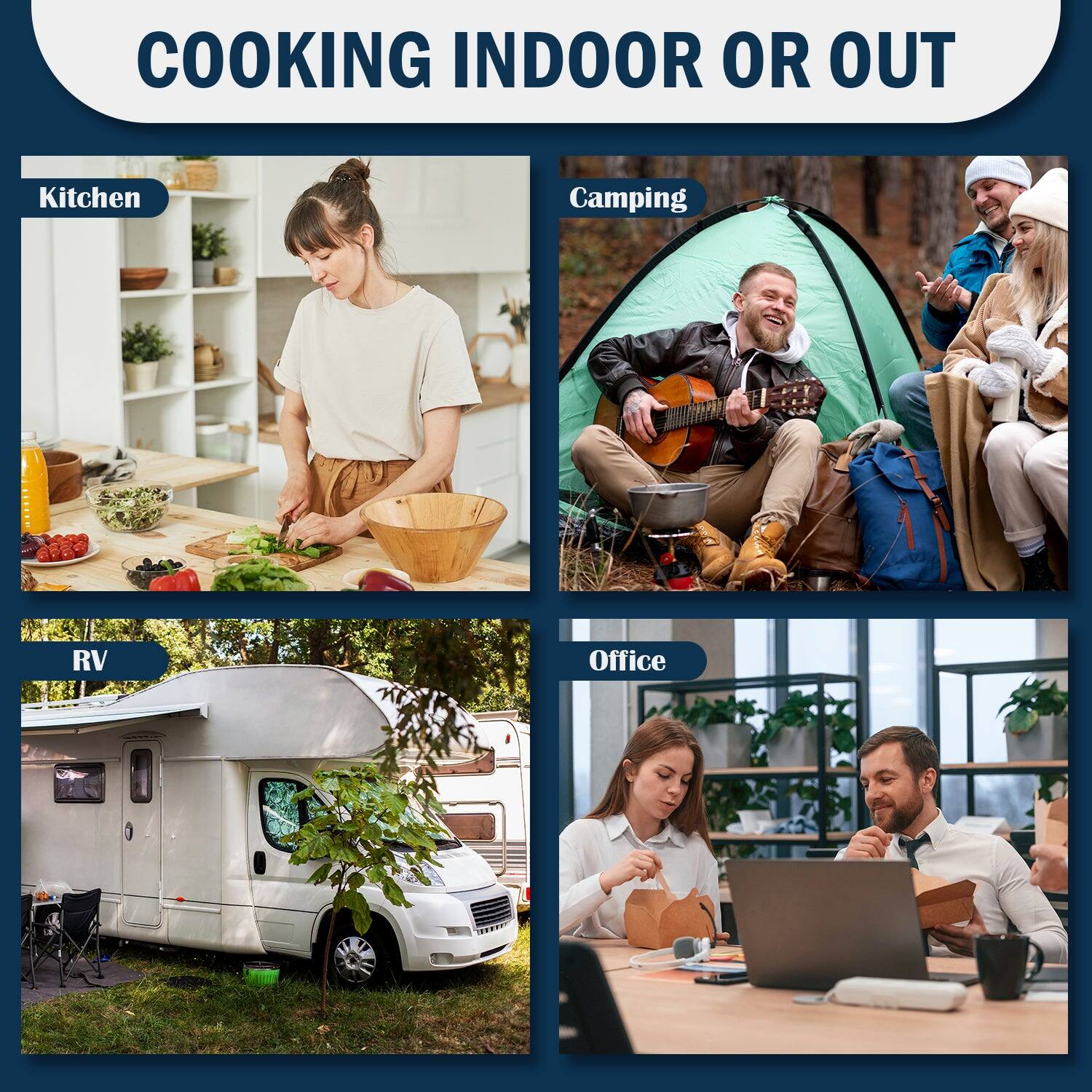 COOKING INDOOR OR OUT

Kitchen

Camping

RV

Office