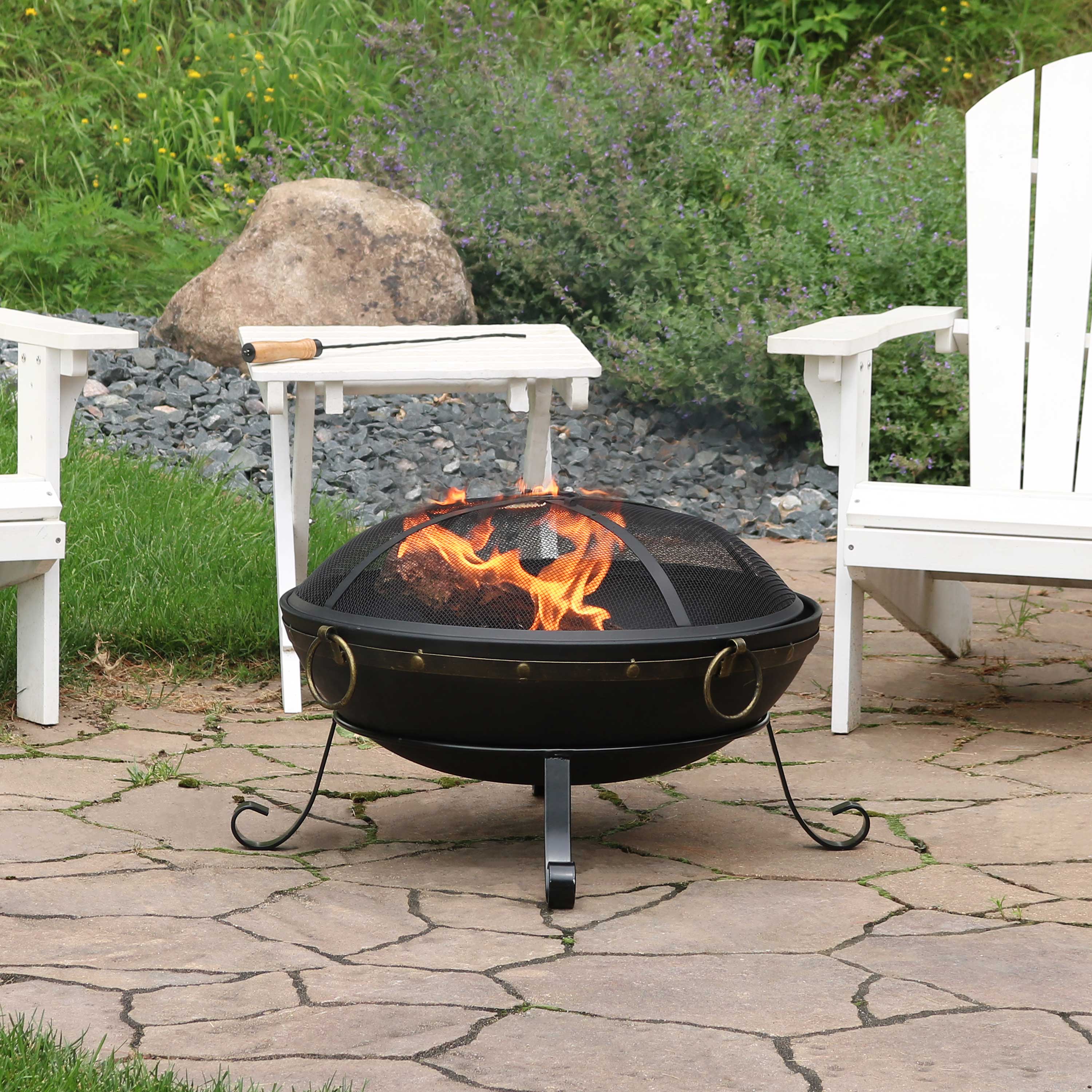 Alt View 5. Sunnydaze - 25 in Victorian Steel Fire Bowl with Handles and Spark Screen - Black.