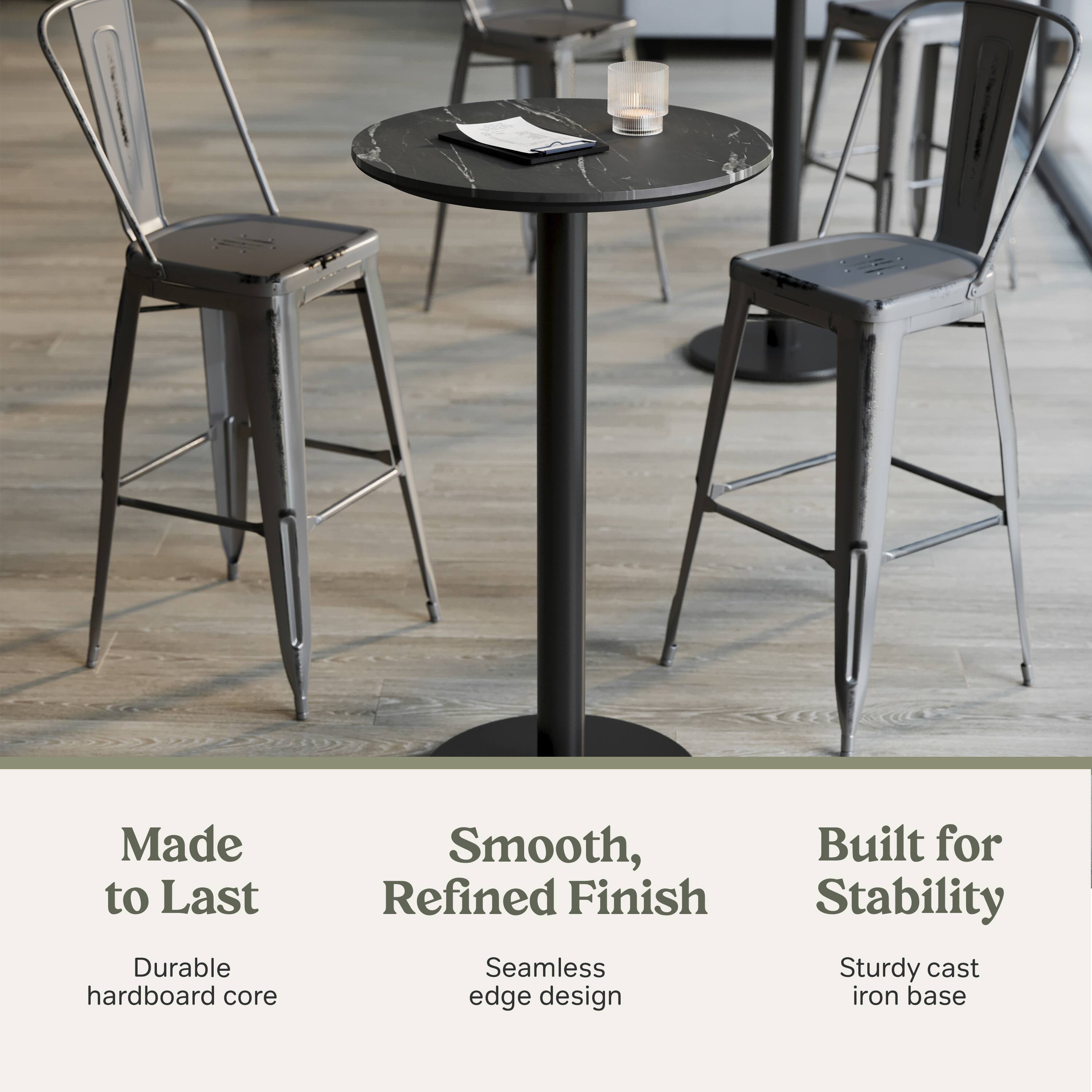 Made to Last  
Durable hardboard core  

Smooth, Refined Finish  
Seamless edge design  

Built for Stability  
Sturdy cast iron base