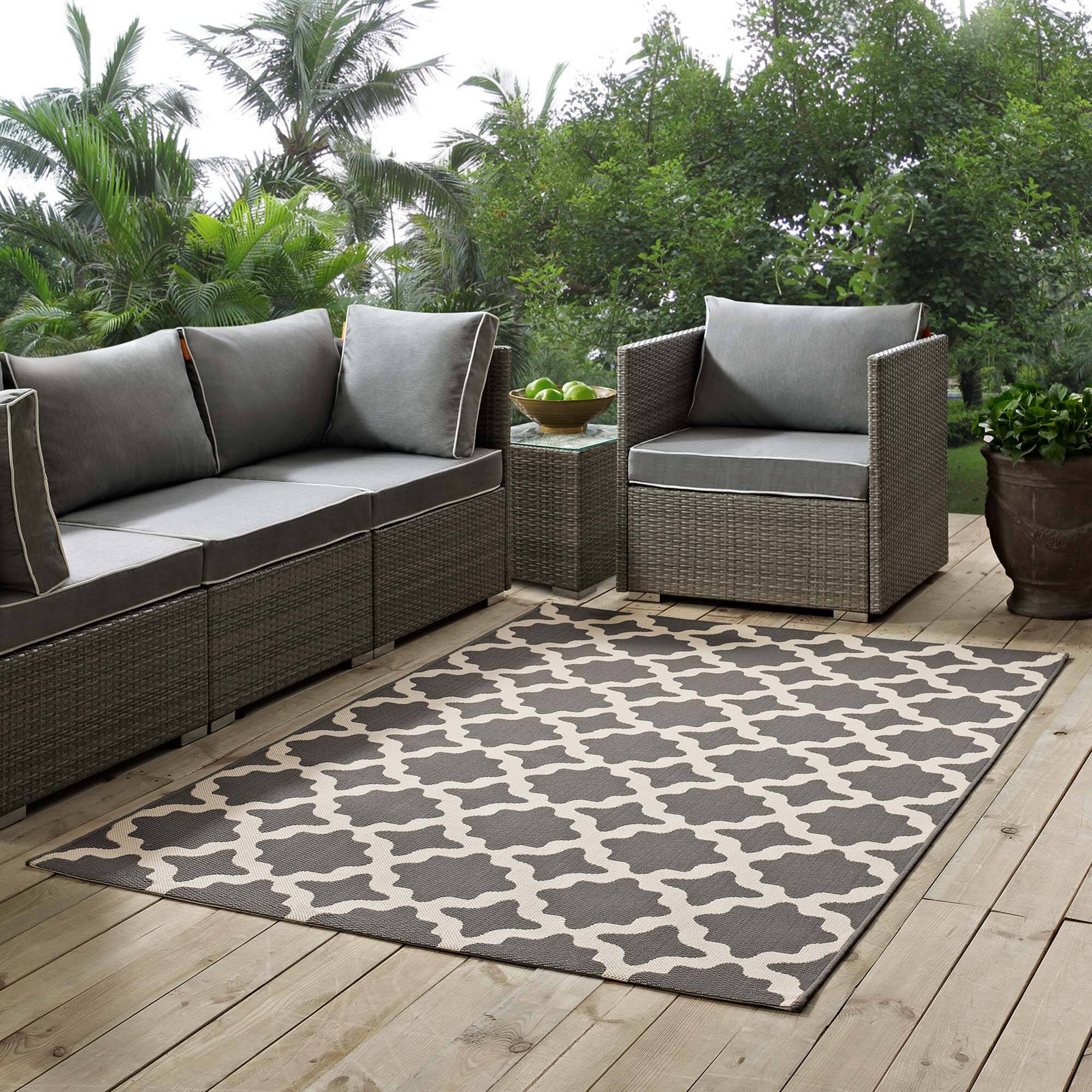 Front. Modway - Cerelia Moroccan Trellis Indoor and Outdoor Area Rug - Gray and Beige.
