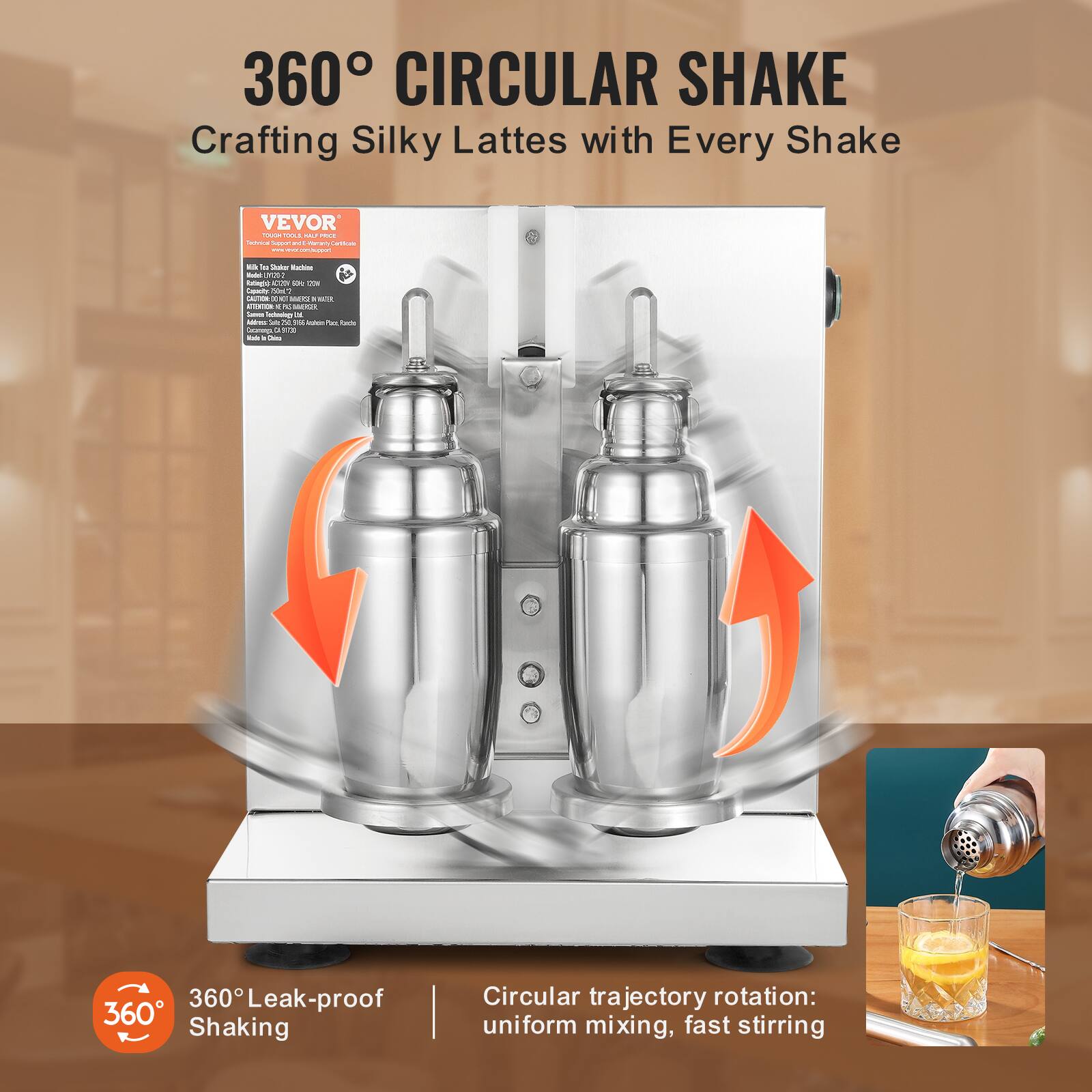 360° CIRCULAR SHAKE  
Crafting Silky Lattes with Every Shake  

VEVOR  
Milk Tea Shaker Machine  

360° Leak-proof Shaking  
Circular trajectory rotation: uniform mixing, fast stirring