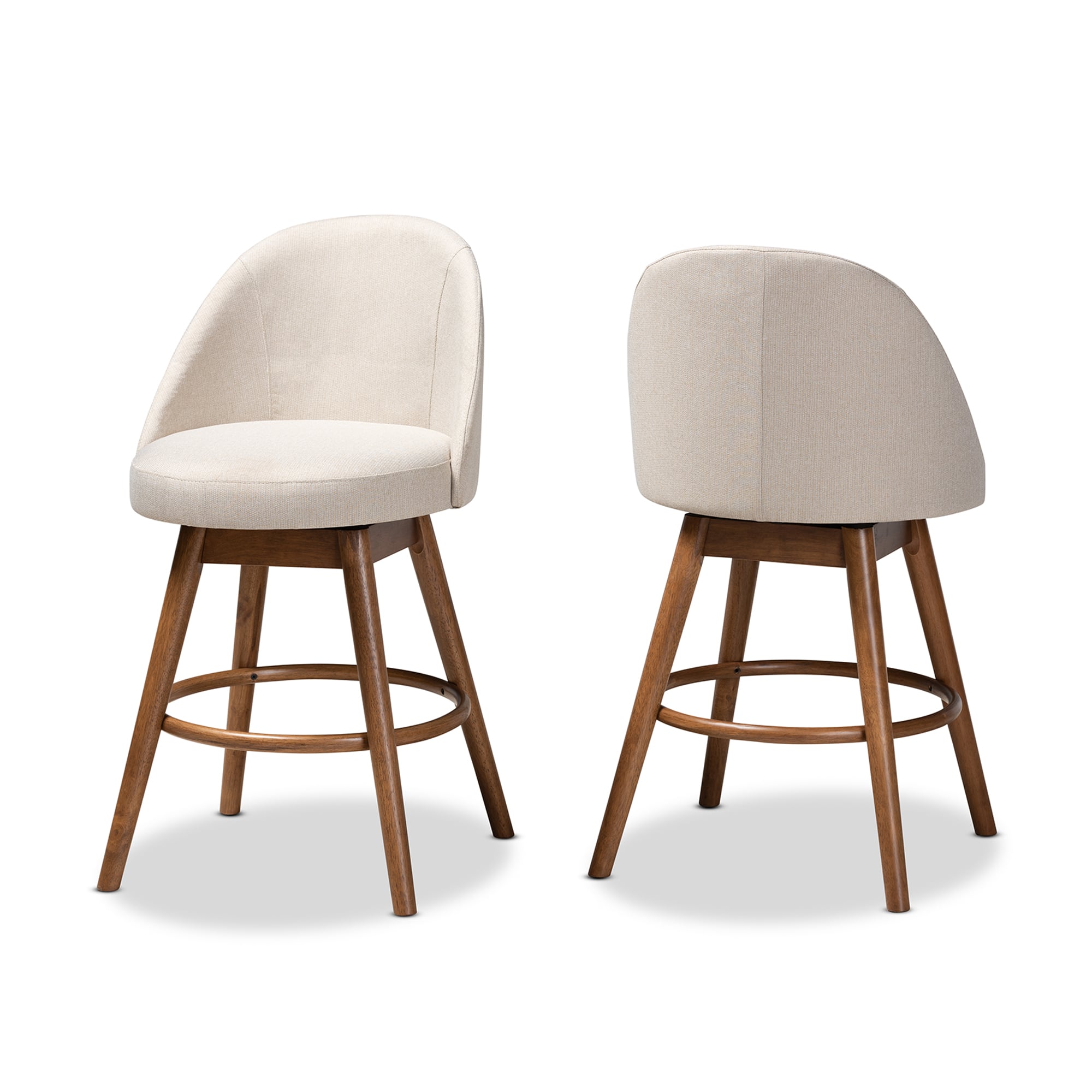 Baxton Studio - Carra Mid-Century Modern Fabric Upholstered Walnut-Finished Wood Swivel Counter Stool Set - Beige