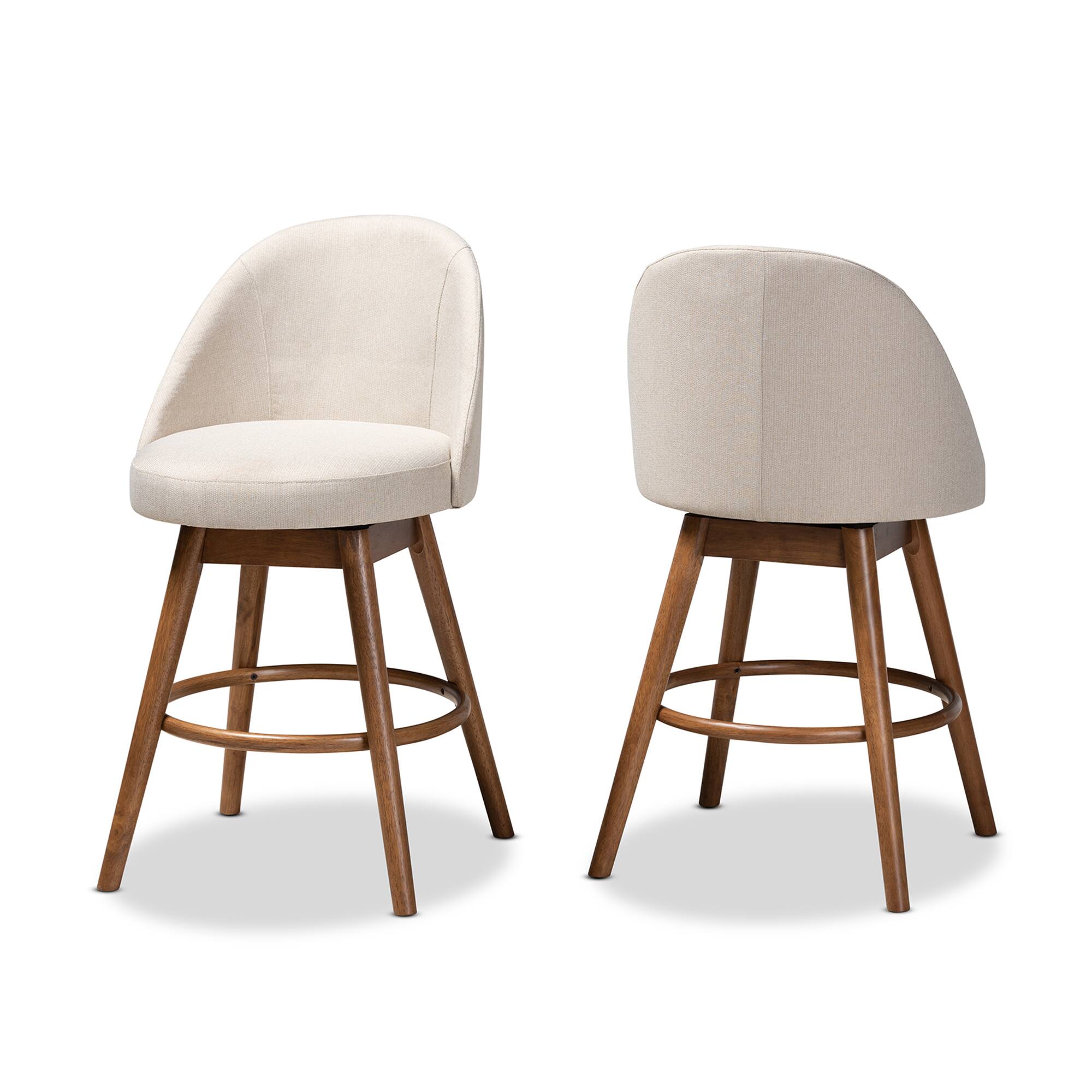 Front. Baxton Studio - Carra Mid-Century Modern Fabric Upholstered Walnut-Finished Wood Swivel Counter Stool Set - Beige.
