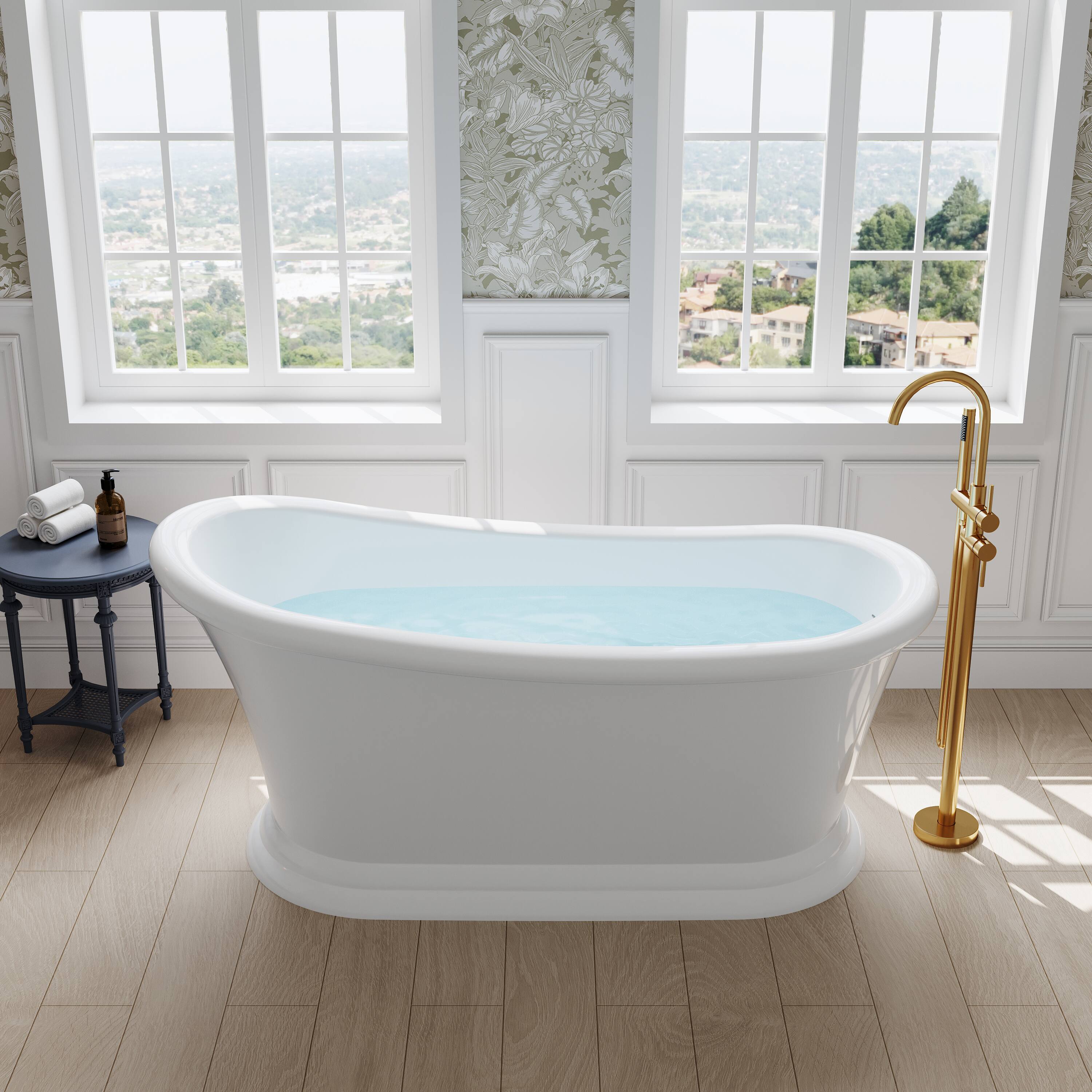 Front. WELLFOR - York 67 in. x 29 in. Acrylic Oval Freestanding Soaking Bathtub with Drain and Overflow - White.