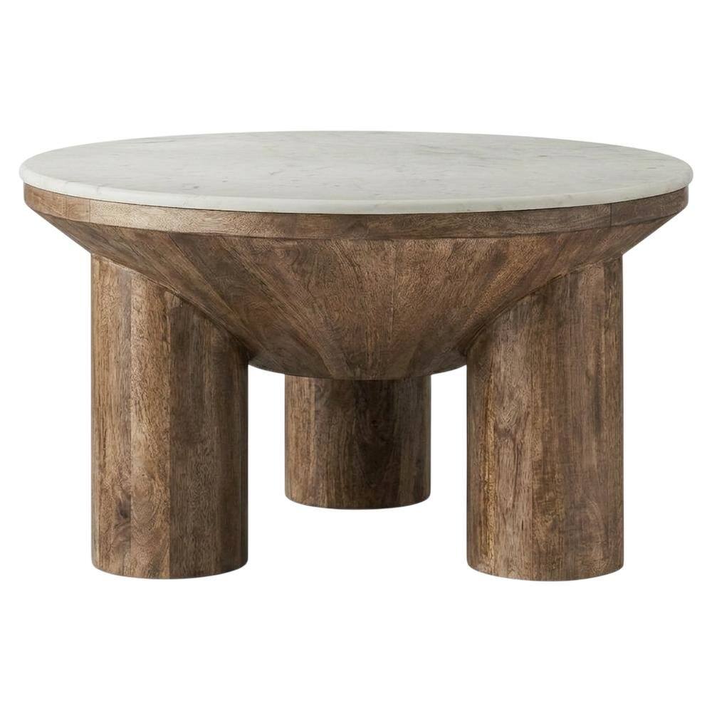 Back. FurniFact - Wood Coffee Table with Marble Top, 33-Inch Round, Modern Design - Brown.