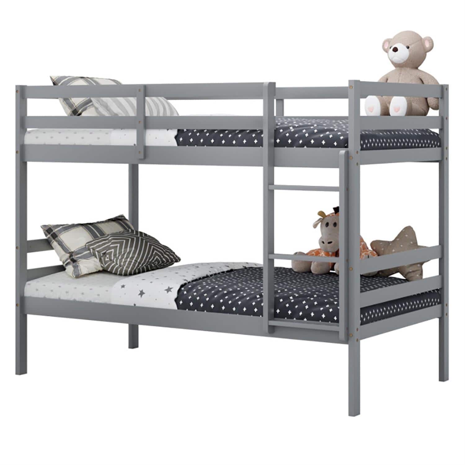 Pefilos- Twin Size Over Wood Bunk Bed with Ladder and Safety Rail, Twin Sturdy Bunk Beds- Gray