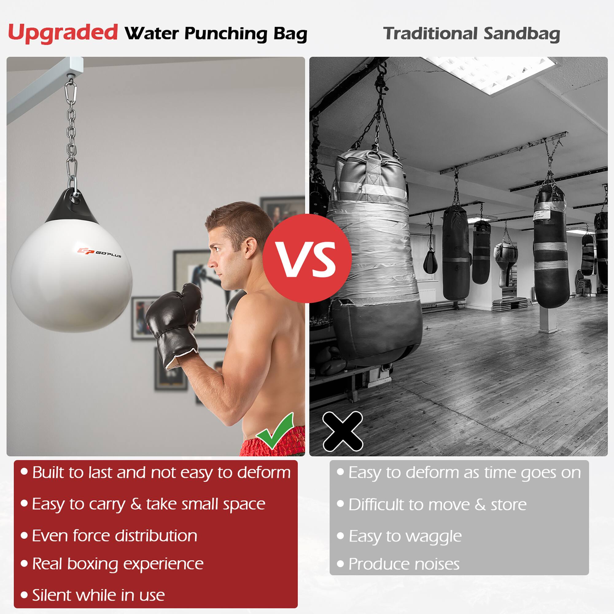 Upgraded Water Punching Bag

- Built to last and not easy to deform
- Easy to carry & take small space
- Even force distribution
- Real boxing experience
- Silent while in use

Traditional Sandbag

- Easy to deform as time goes on
- Difficult to move & store
- Easy to wobble
- Produce noises