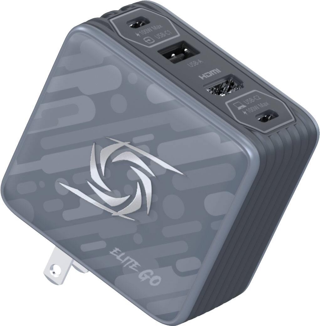 The text on the image reads "100W Max x USB-C, USB-A HOMI USB-C2 O2 100W Max h ELITE GO." This text describes the features of the device, which include two USB ports (USB-C and USB-A), a maximum power output of 100 watts, and the brand name "Elite Go."