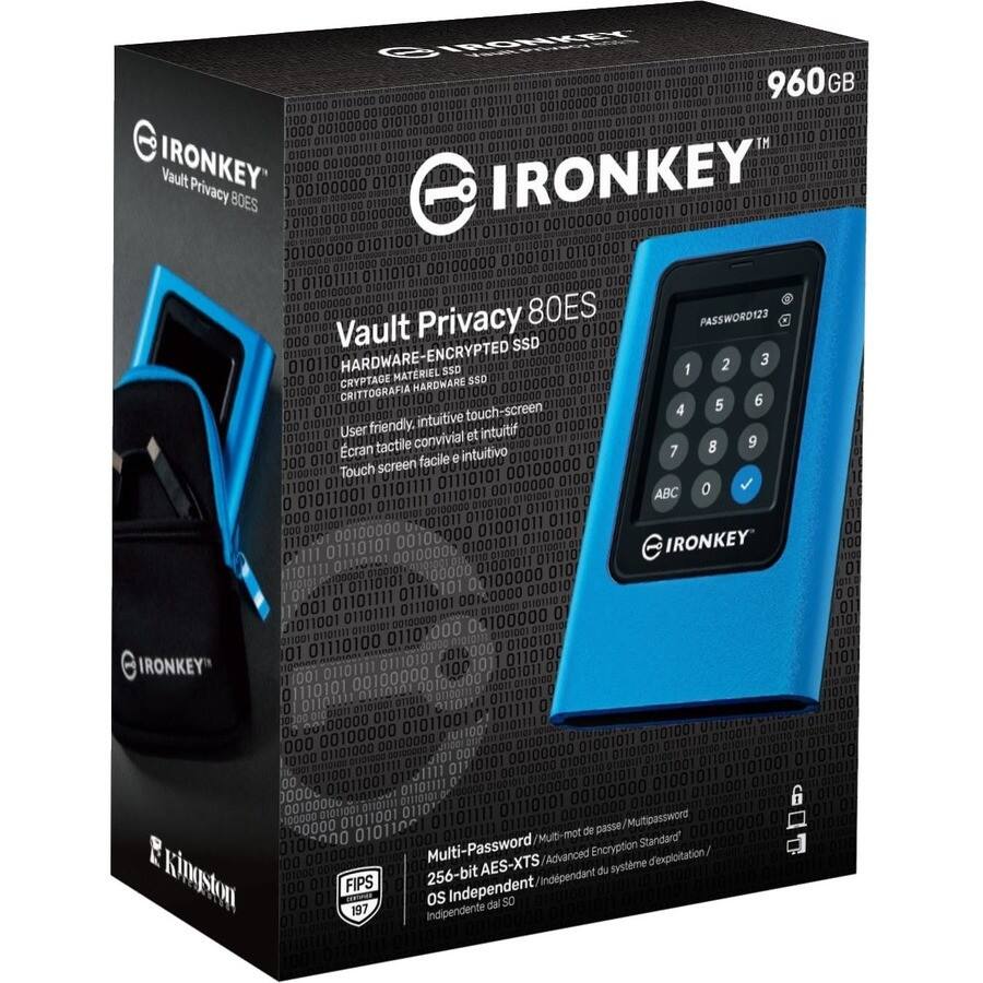 IRONKEY  
Vault Privacy 80ES  
960 GB  

HARDWARE-ENCRYPTED SSD  
CRYPTAGE MATERIEL SSD  
CRITTOGRAFIA HARDWARE SSD  

User friendly, intuitive touch-screen  
Ecran tactile convivial et intuitif  
Touch screen facile et intuitif  

Multi-Password / Multi-mot de passe / Multipassword  
256-bit AES / XTS / Advanced Encryption Standard  
Indépendant du système d'exploitation / OS Independent  

FIPS 197  

IRONKEY  
Kingston